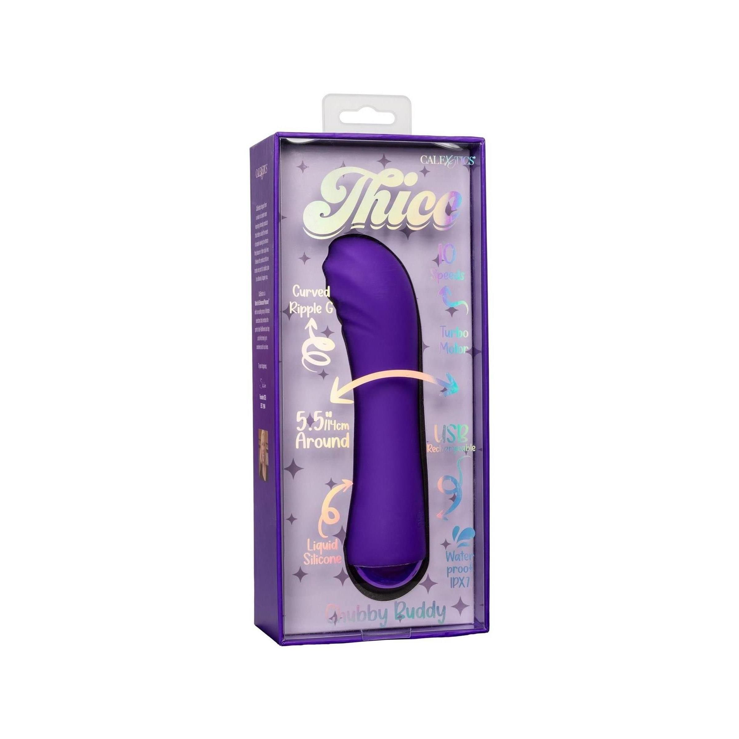 Lila Vibrator in Verpackung. Aufschrift "Thicc Chubby Buddy". Abgebildet sind Maße und Material: Liquid Silicone.