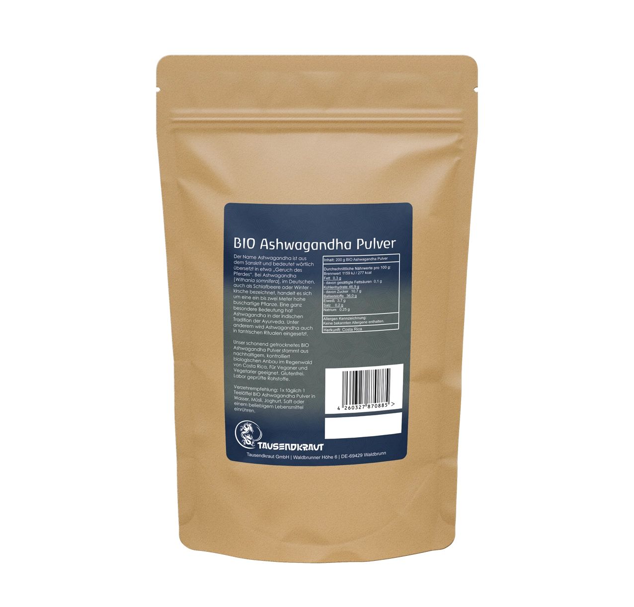 Rückseite des Beutels mit Ashwagandha Pulver BIO. Text mit Nährwertangaben und Barcode. Braune Verpackung.