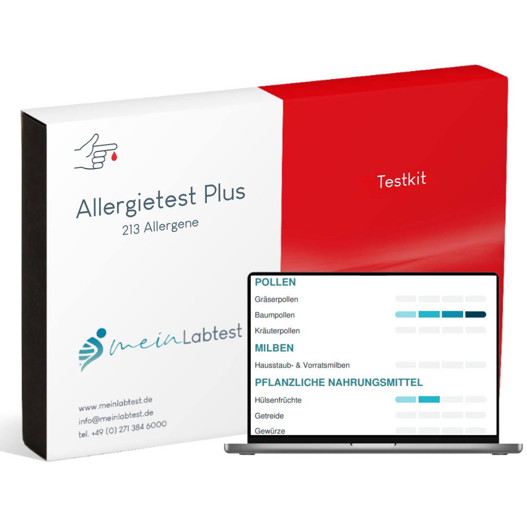 Verpackung und Laptop mit Ergebnissen des Meinlabtest Allergietest Plus.