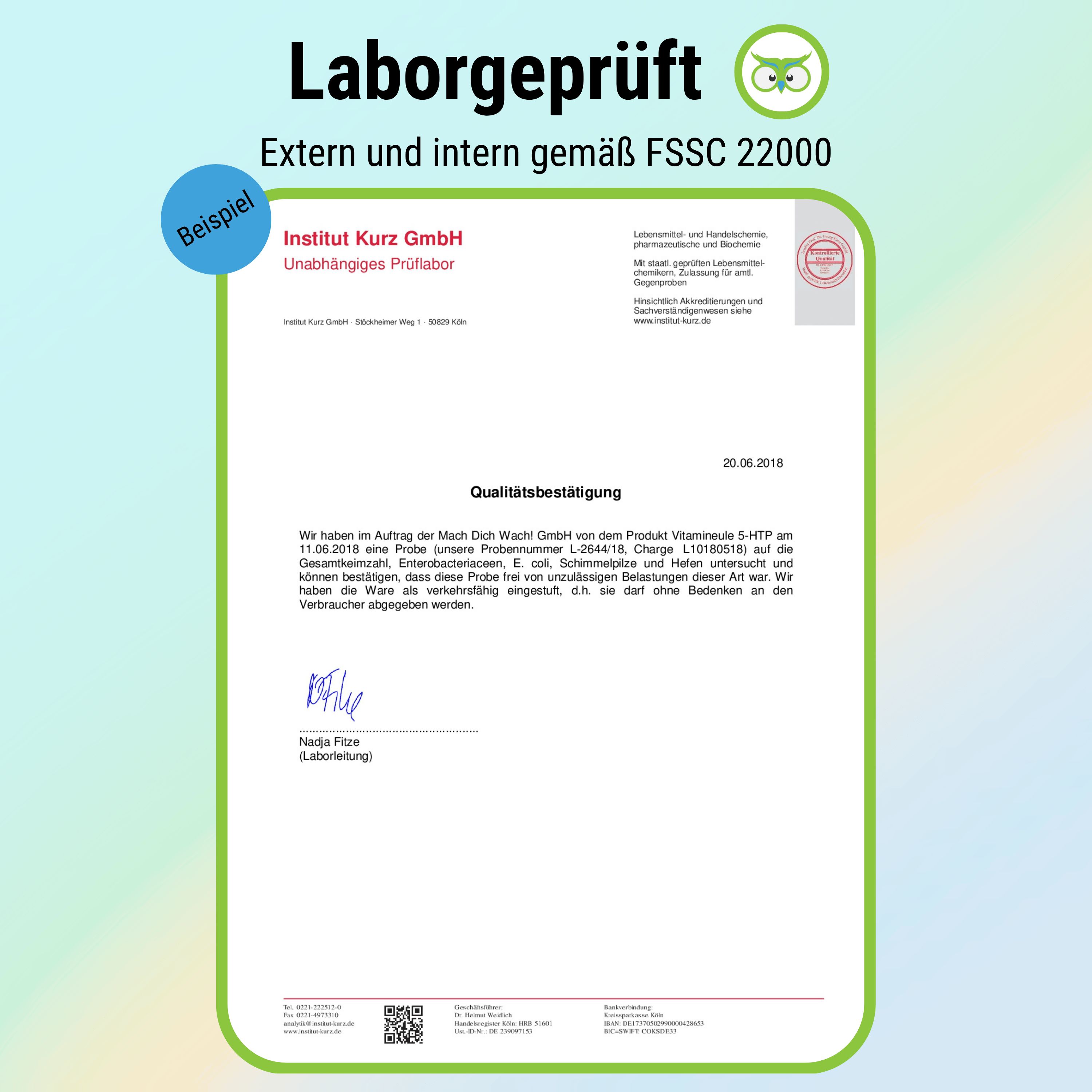 Zertifikat von Institut Kurz GmbH. Unabhängiges Prüflabor. Bestätigung der Qualitätsprüfung. FSSC 22000.