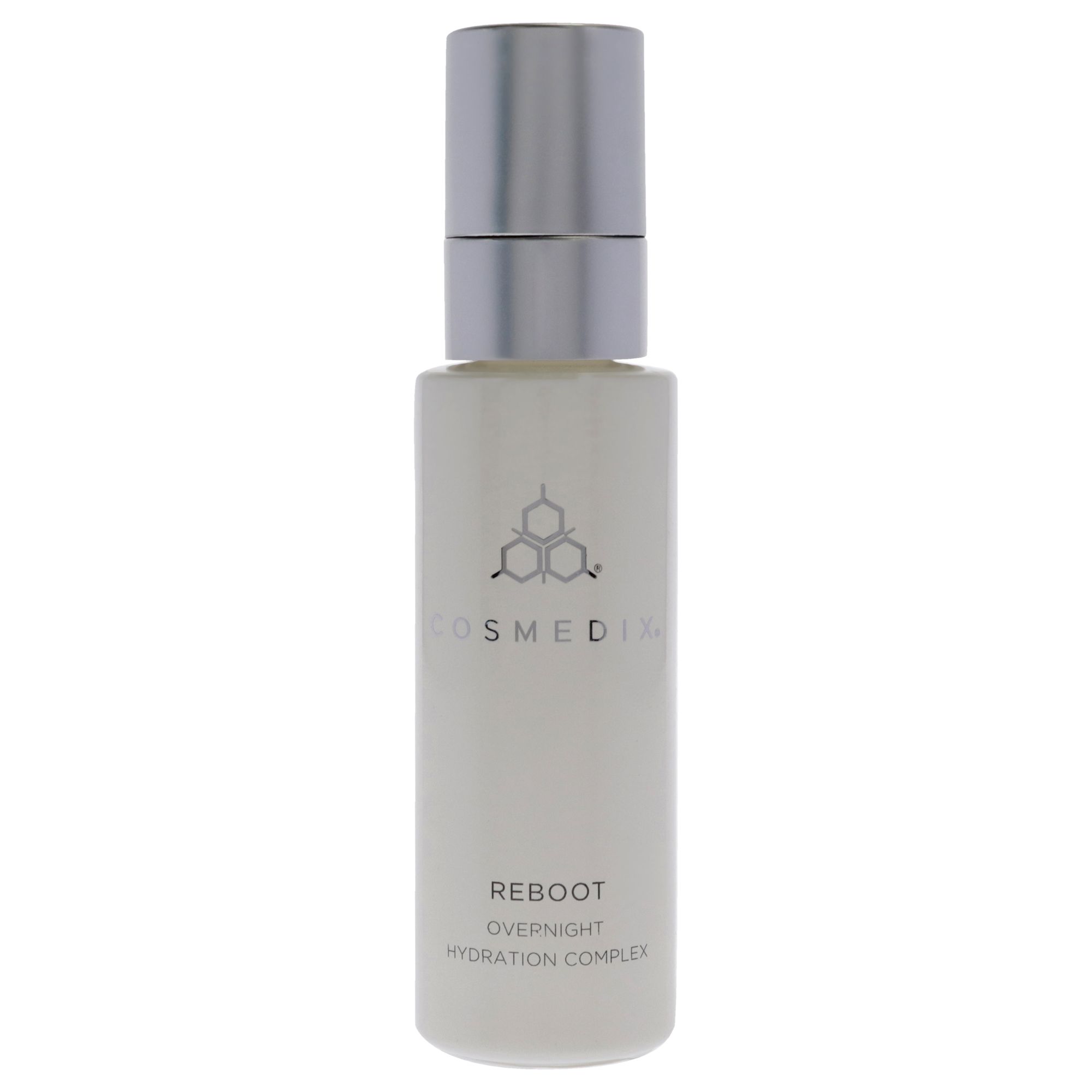Weiße Flasche mit silbernem Deckel. Aufschrift: Cosmedix, Reboot Overnight Hydration Complex.
