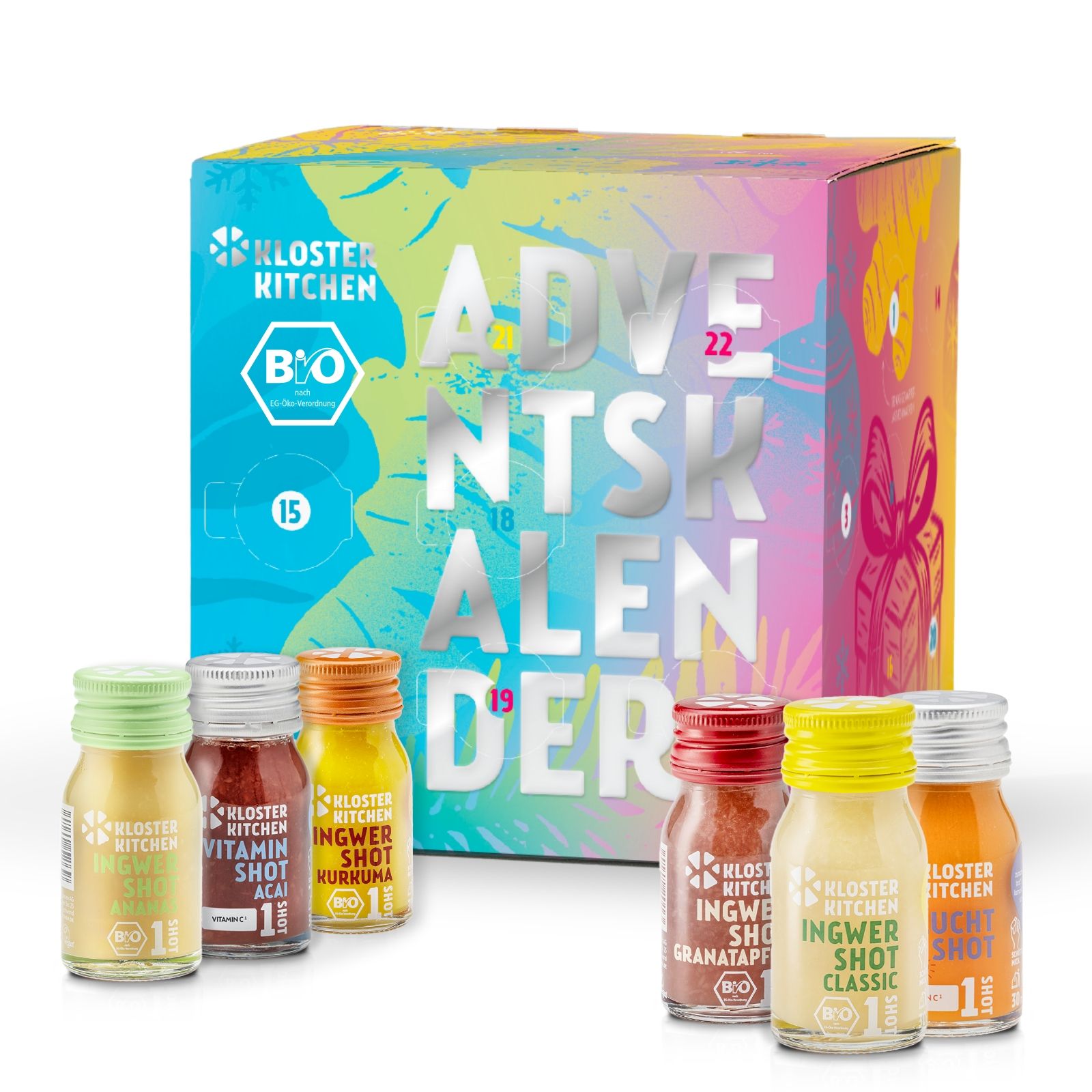 Ein Adventskalender mit sechs verschiedenen Ingwer-Shots.