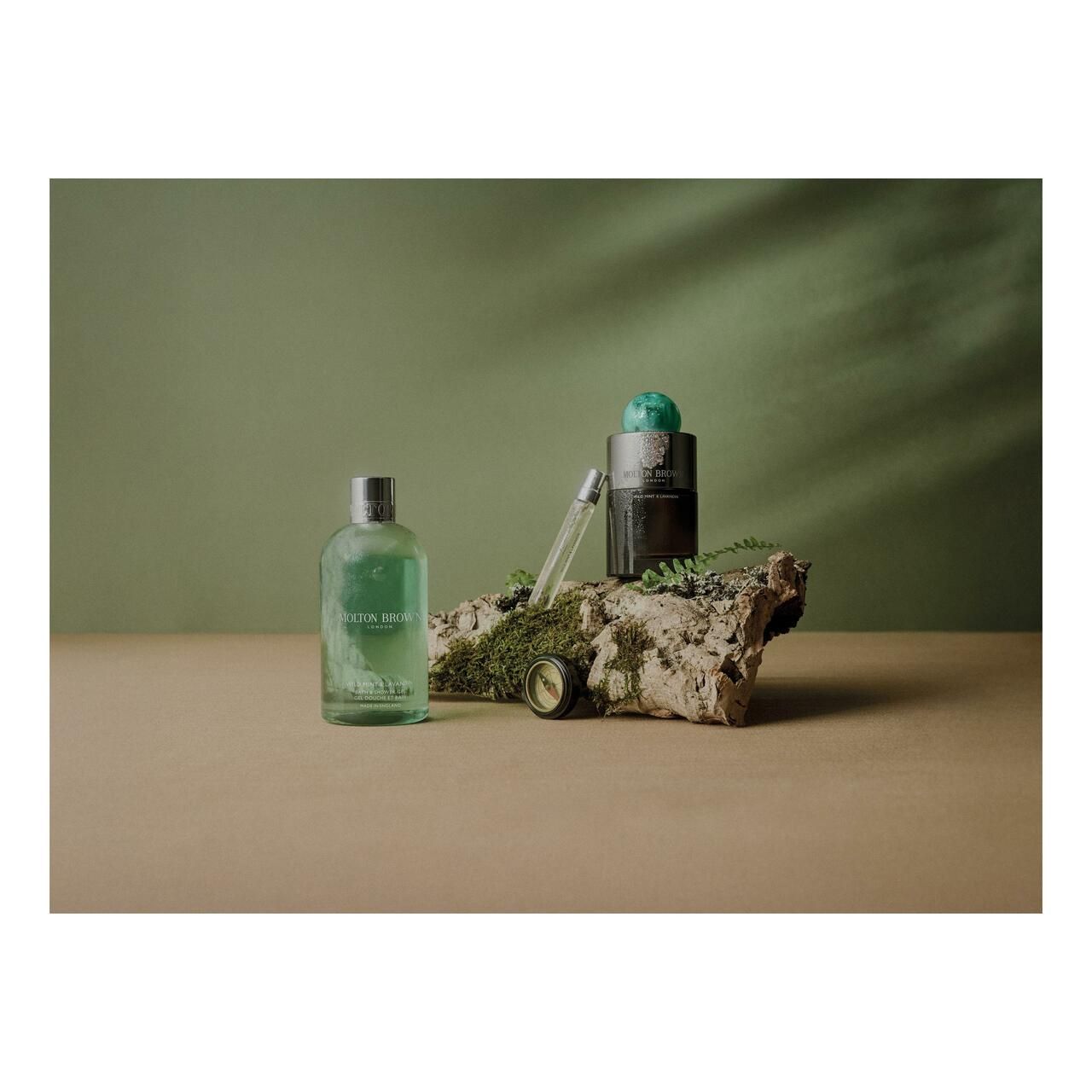 Komposition mit Flaschen und Zerstäuber auf einem Ast. Aufschrift: Molton Brown, Wild Mint & Lavandin. Hintergrund: Grün und Beige.
