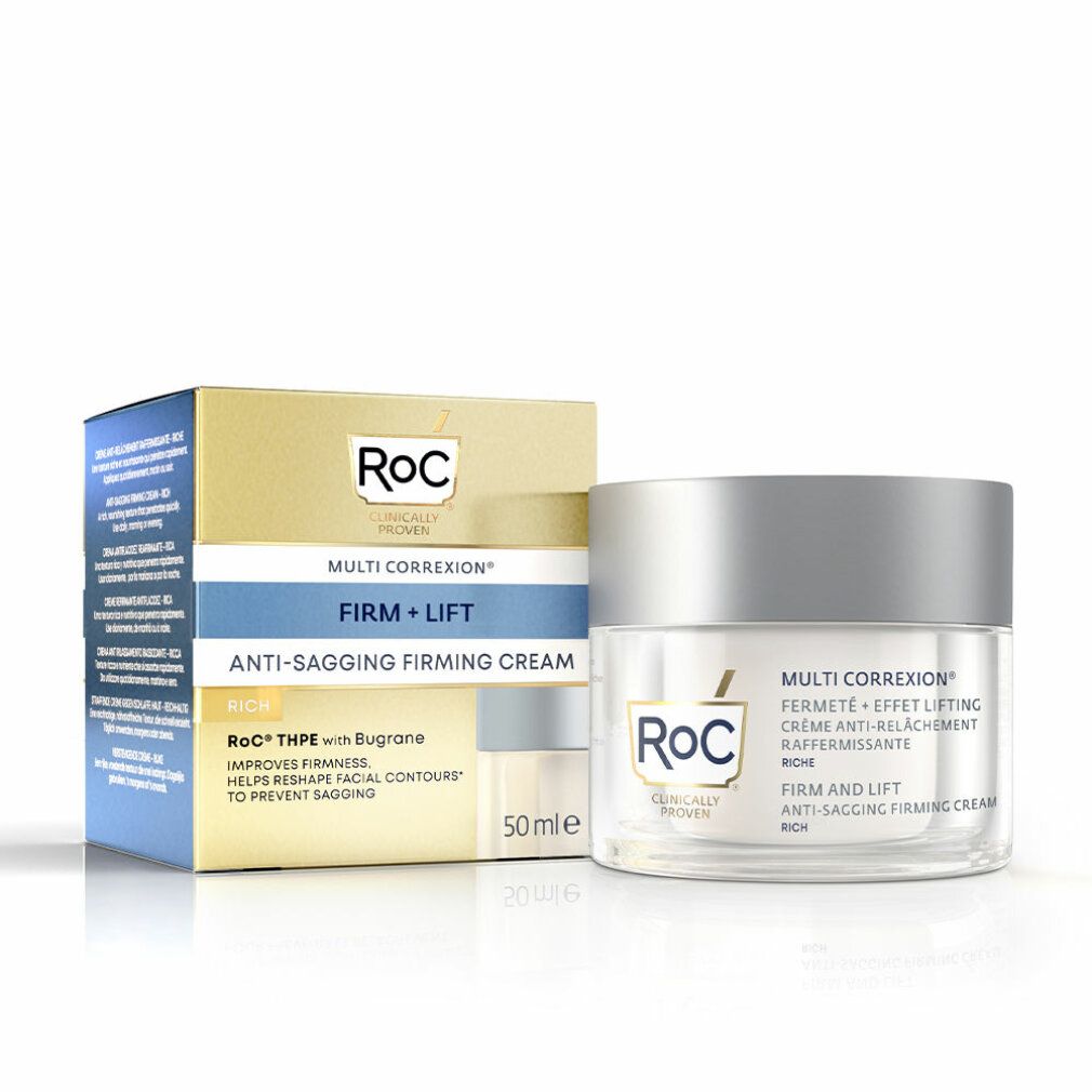 RoC Multi Correxion Anti-Aging Creme Tiegel mit goldenem Deckel, blaue Basis, Produktinfos.