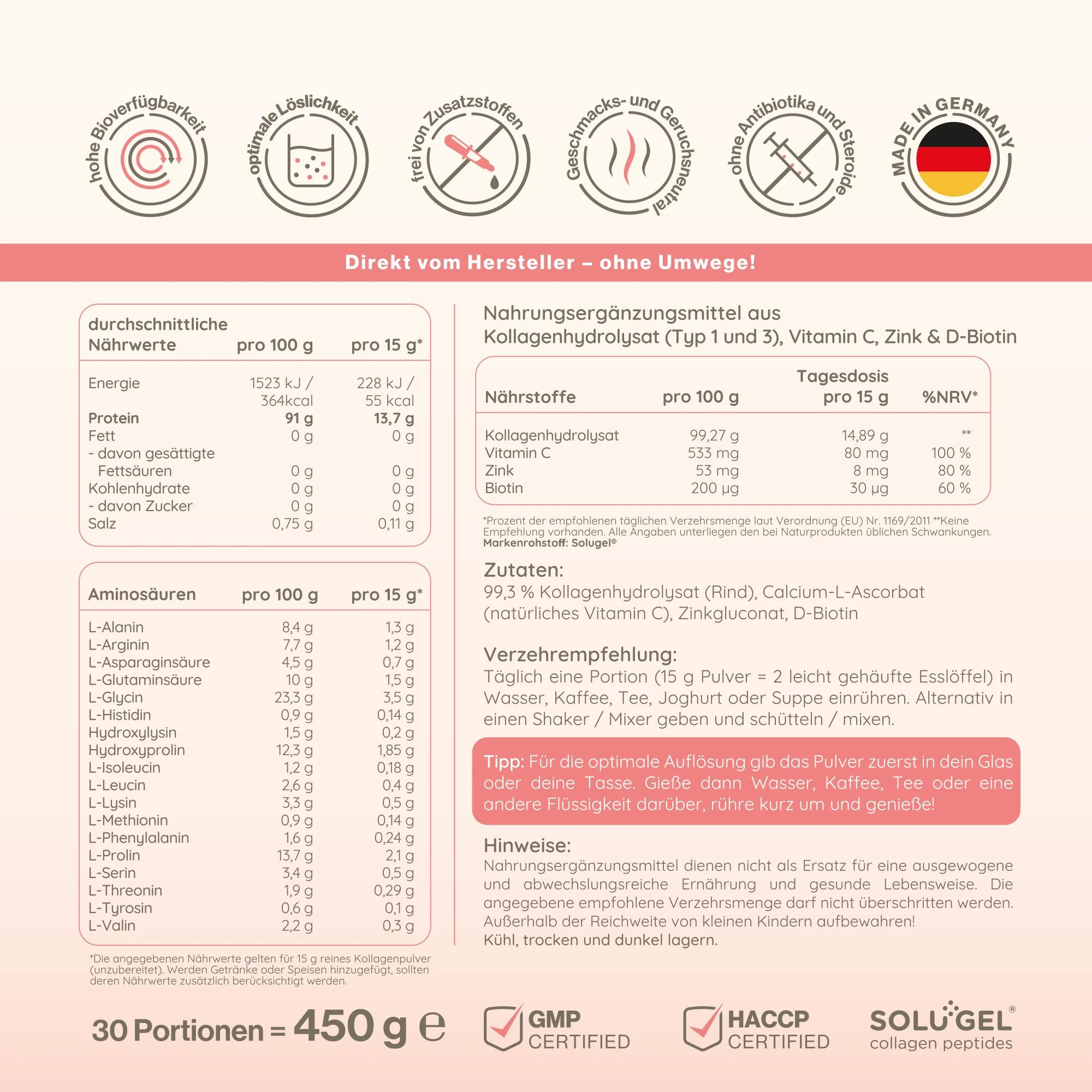Collaviva Collagen Plus Pulver mit Vitamin C, Zink & Biotin. Nährwertangaben und Aminosäureprofil.
