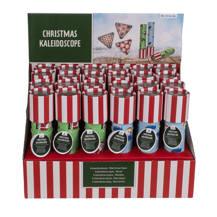 Verkaufsdisplay mit Kaleidoskopen. Die Verpackung zeigt rot-weiße Streifen und das Produktlogo. Mehrere Kaleidoskope sind sichtbar.