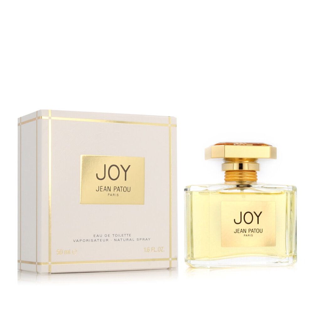Jean Patou Joy E.d.T. Vapo. Flakon und Verpackung. Rechteckiger Flakon mit goldfarbenem Verschluss. Verpackung mit "JOY" und "JEAN PATOU PARIS".