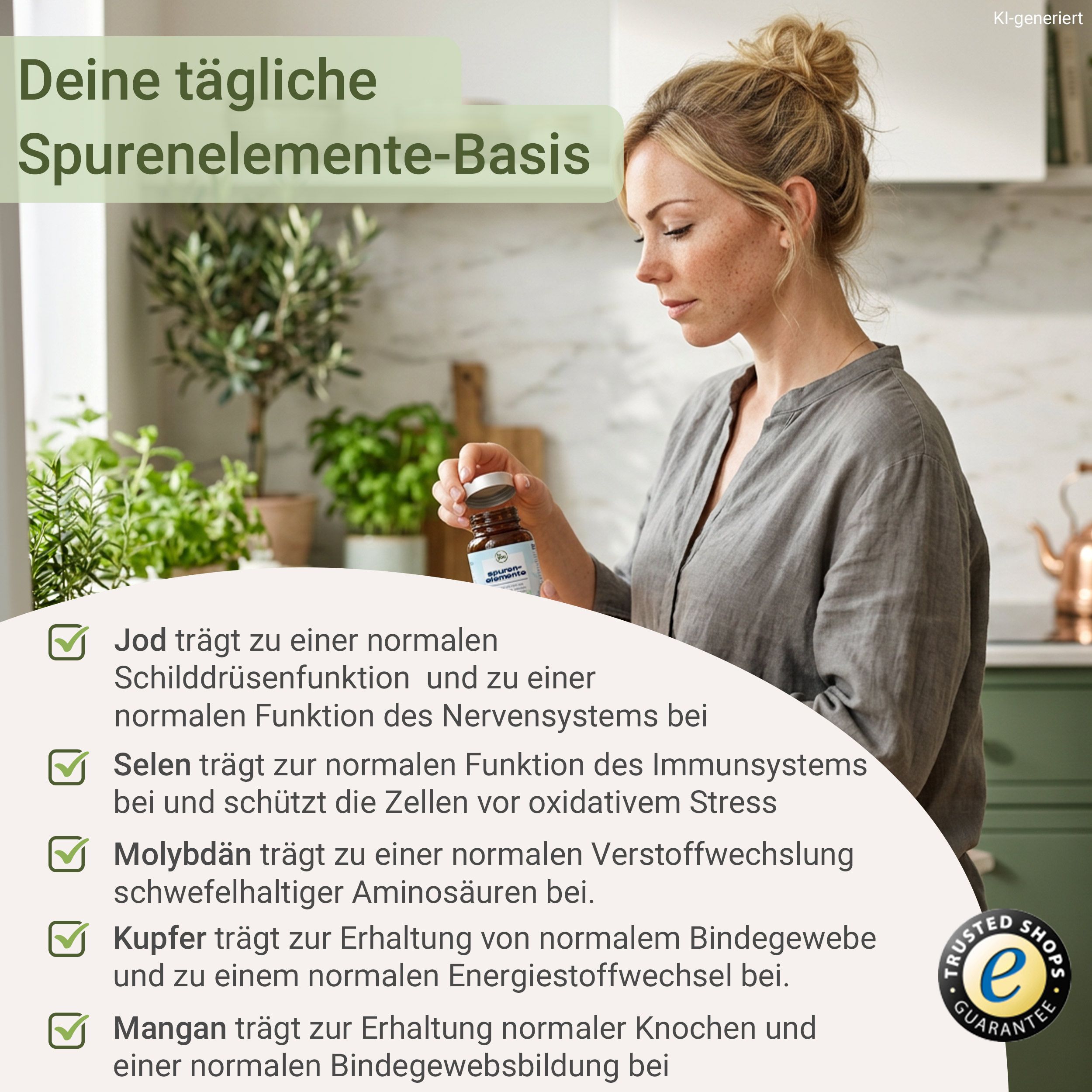 Frau hält eine Braunglasflasche mit Nahrungsergänzungsmitteln in der Hand.