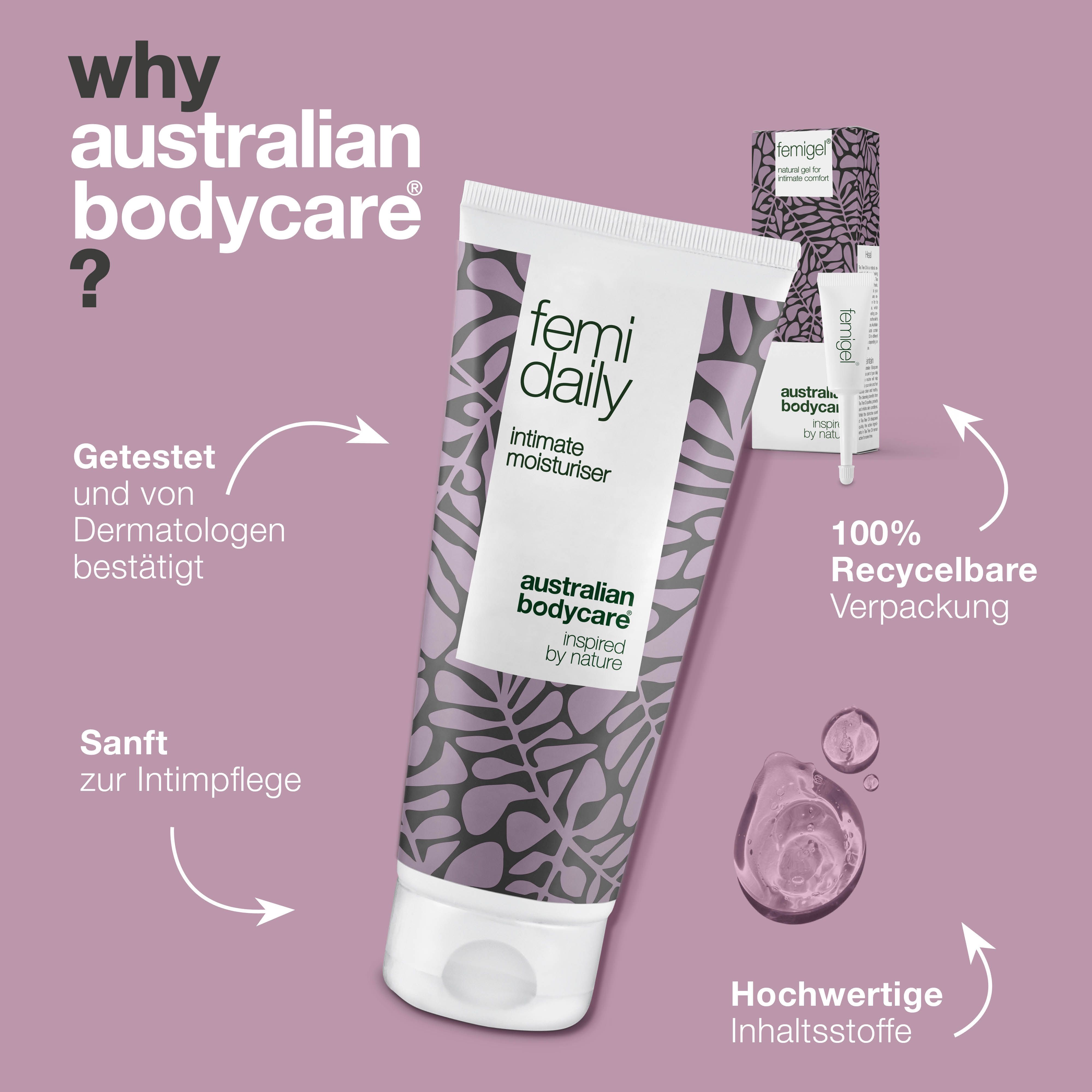 Femidaily-Tube, Femigel und Verpackung. Text auf Deutsch: Warum Australian Bodycare? Logo: Australian Bodycare.