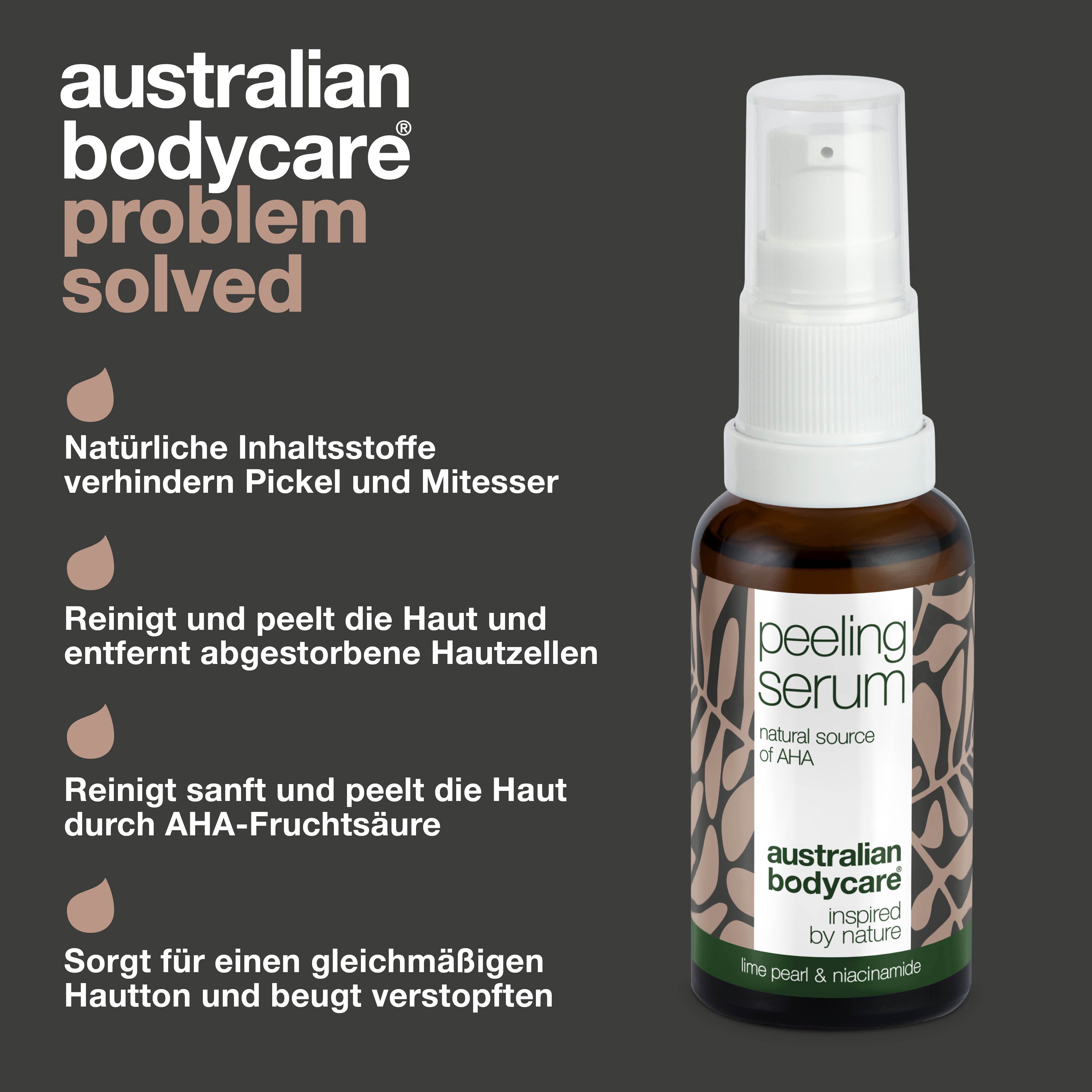 Flasche Peeling Serum. Text: Natürliche Inhaltsstoffe, reinigt und peelt, sanftes Peeling, gleichmäßiger Hautton.