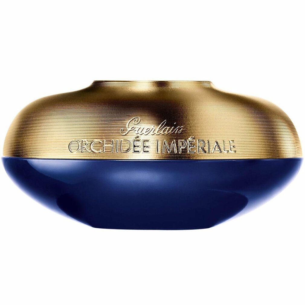 Blauer Cremebehälter mit goldfarbenem Deckel. Auf dem Deckel: Guerlain, Orchidée Impériale. Geriffelte Oberfläche des Deckels.