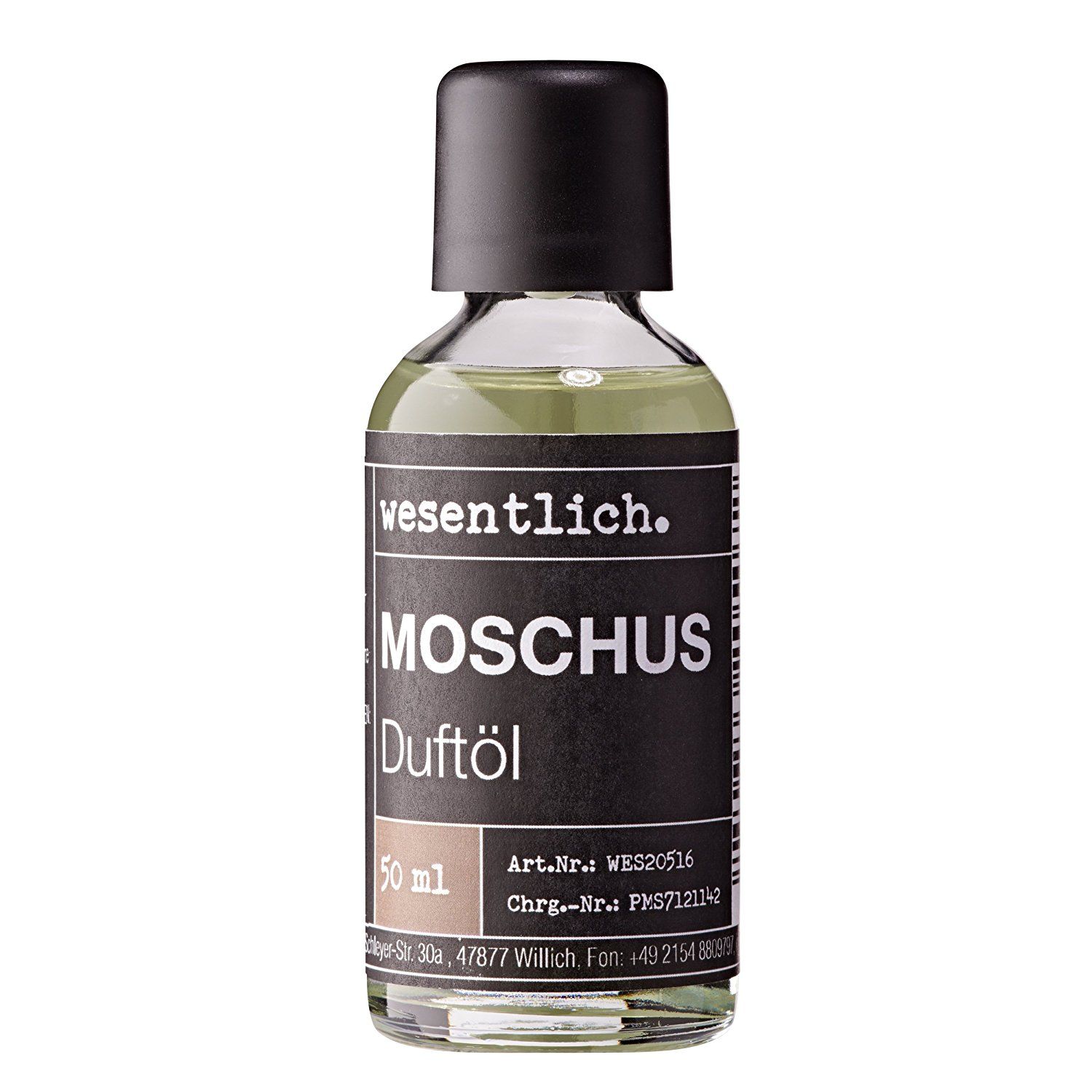 Braune Glasflasche mit schwarzem Deckel. Aufschrift: MOSCHUS Duftöl, 50 ml. Marke: wesentlich.