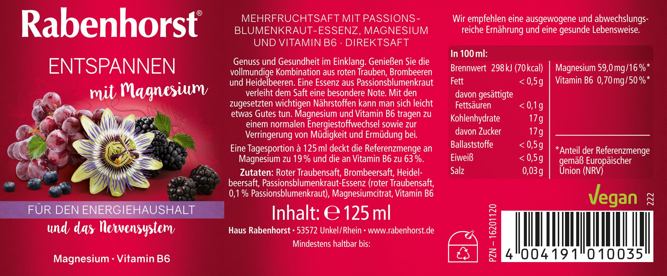 Etikett Rabenhorst Entspannen mit Magnesium Mini. Text: Mehrfruchtsaft, Magnesium, Vitamin B6. Vegan.