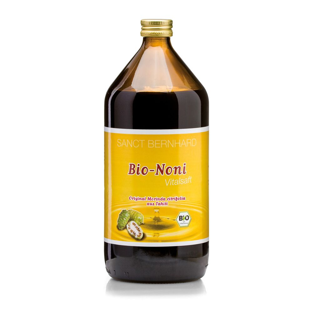Braune Glasflasche mit gelbem Etikett. Aufschrift: Sanct Bernhard Bio-Noni-Vitalsaft. Bio-Siegel.