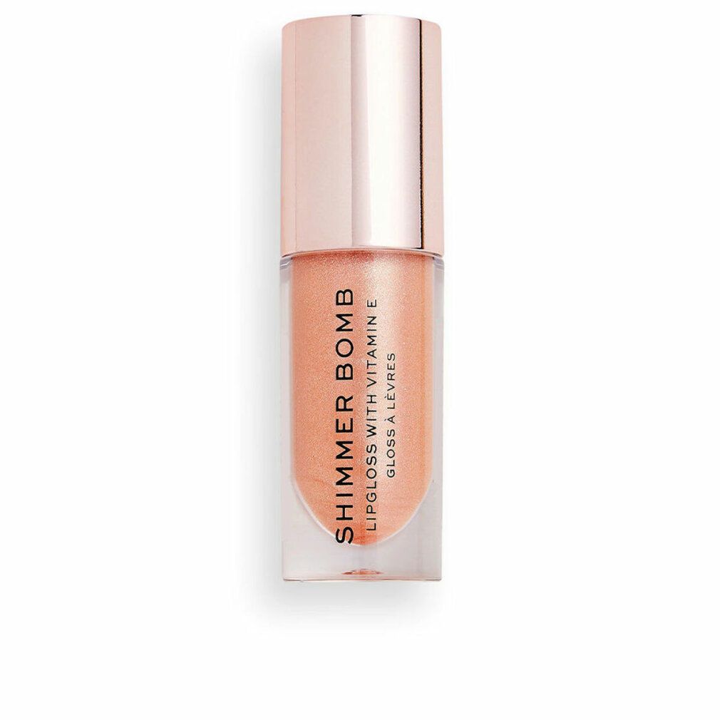 Lipgloss-Fläschchen mit roségoldfarbenem Deckel. Aufschrift: Shimmer Bomb, Lipgloss with Vitamin E, Gloss à Lèvres.