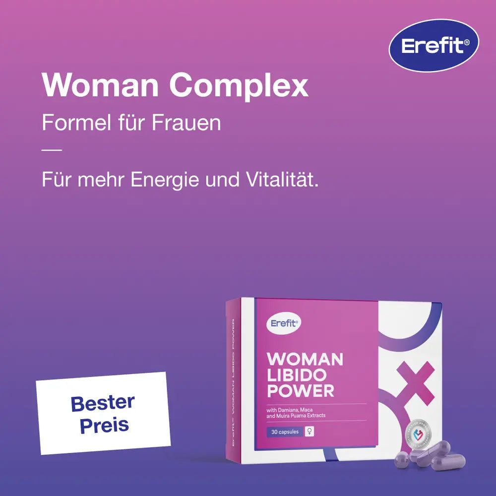 Produktverpackung mit Text: Woman Libido Power. Text: Woman Complex Formel für Frauen. Text: Für mehr Energie und Vitalität. Best Preis.