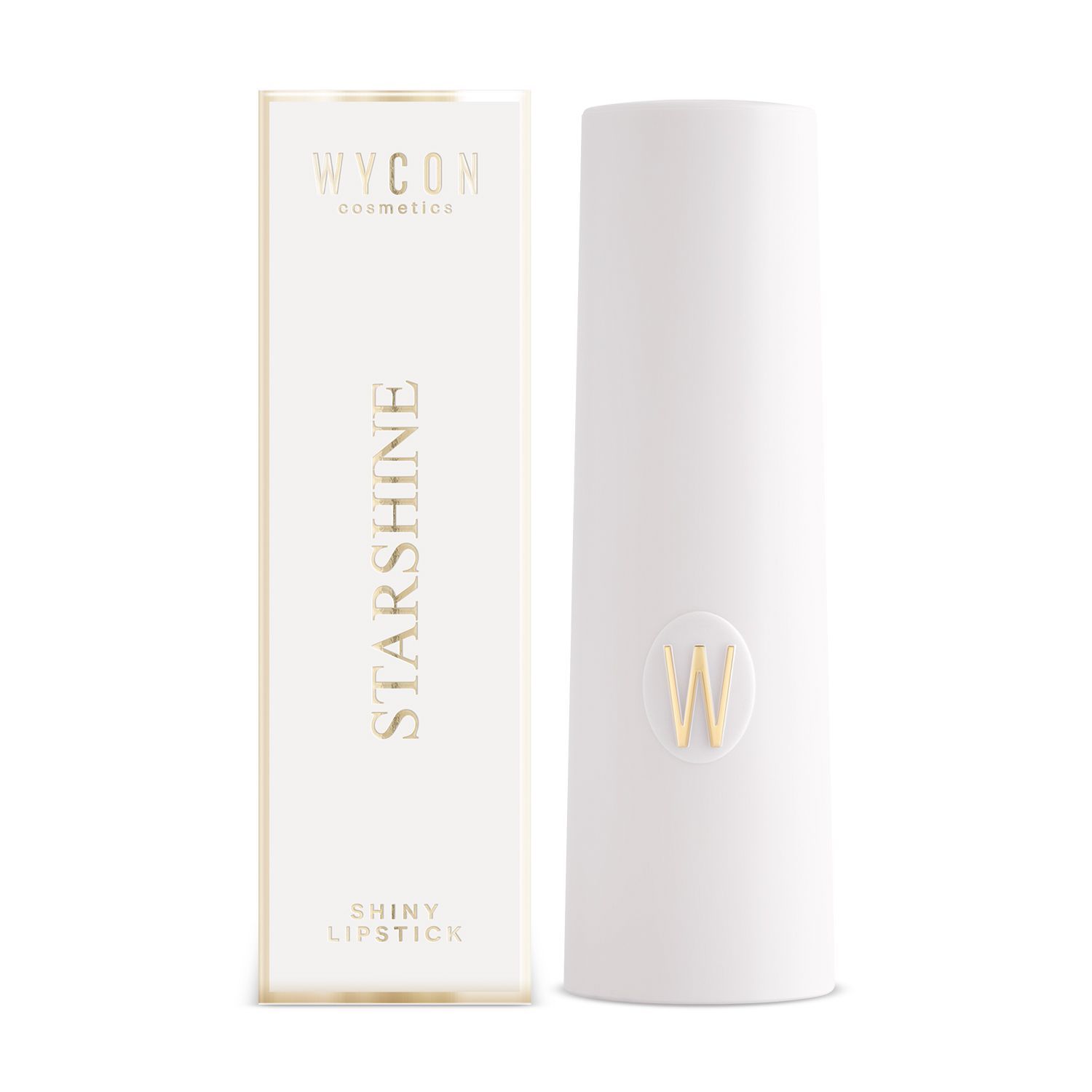 Rossetto bianco e confezione. Confezione con "WYCON cosmetics STARSHINE SHINY LIPSTICK".