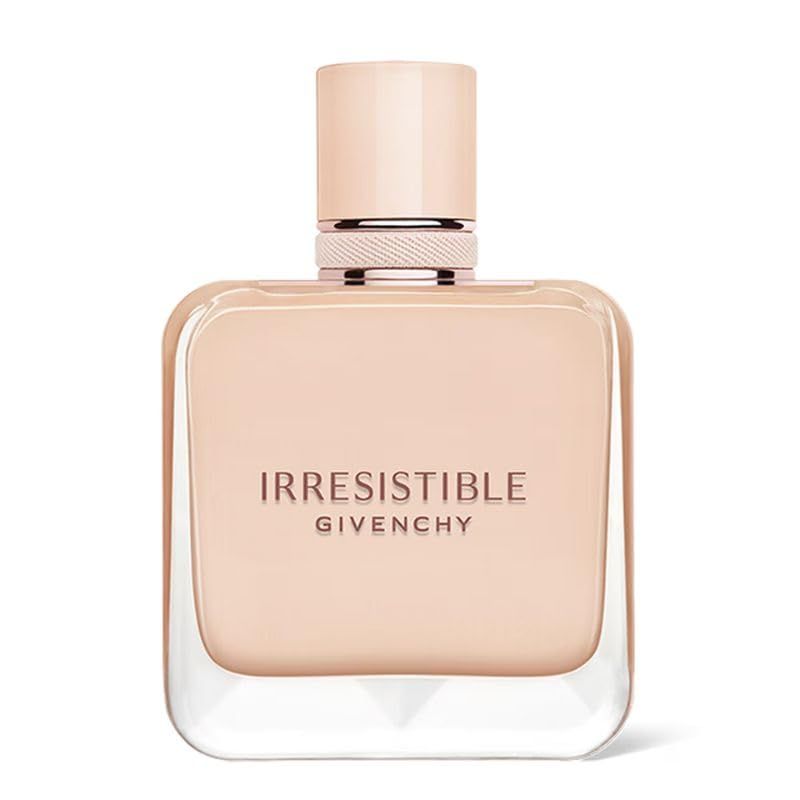 Beige Parfumflasche. Aufschrift: Irresistible, Givenchy. Quadratische Form mit abgerundeten Ecken. Sprühkopf.