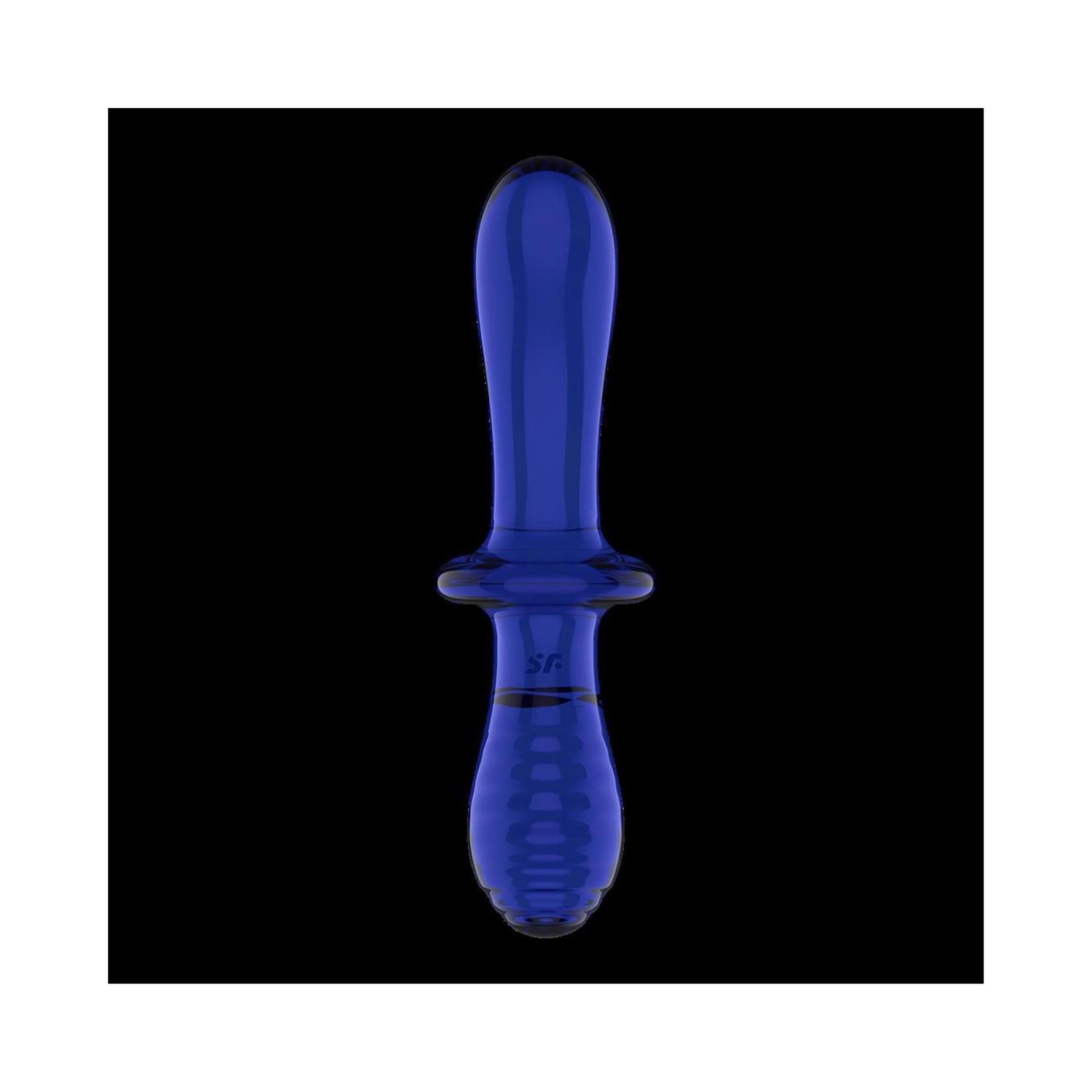 Blauer Glasdildo mit Ring und geriffelter Basis. SF-Logo am unteren Ende.