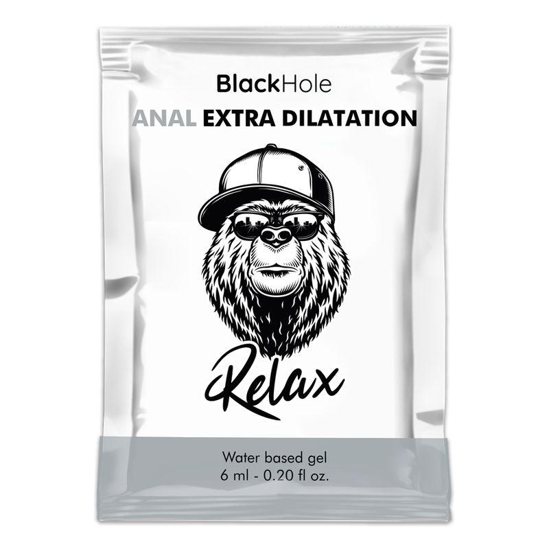 Produkt-Sachet. Text: Black Hole, ANAL EXTRA DILATATION, Relax. Abbildung: Gorilla mit Sonnenbrille und Kappe. Inhalt: 6 ml - 0.20 fl oz.