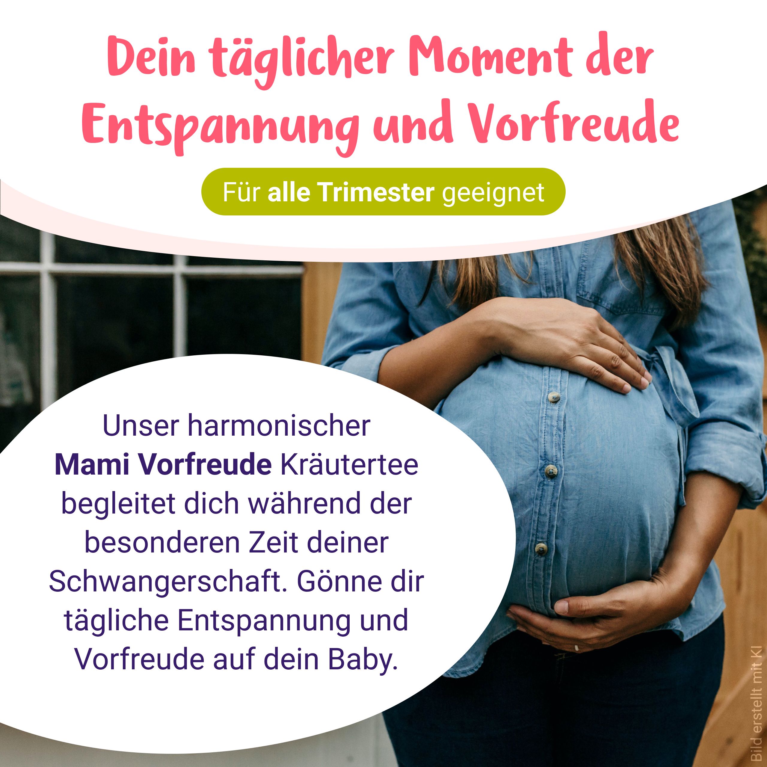 Schwangere hält ihren Bauch, mit Text über Mami Vorfreude Kräutertee für Entspannung.