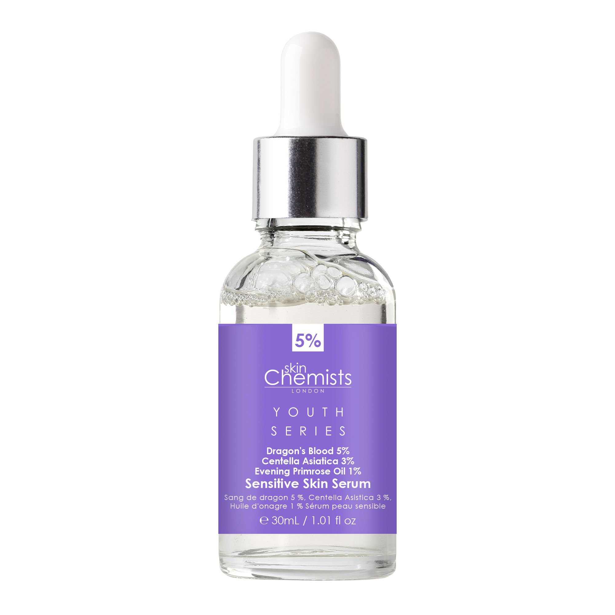 Serumflasche. Lila Etikett mit Text: skinChemists, Youth Series, Sensitive Skin Serum. Enthält 30ml.
