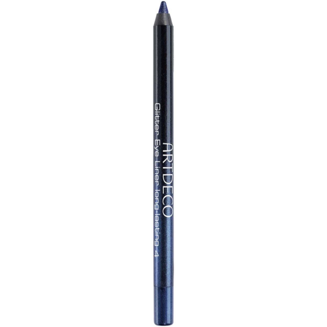 Blauer Artdeco Glitter Eye Liner Long-Lasting 4. Stift mit schwarzer Kappe. Produktname und Marke sichtbar.