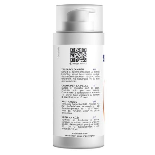 Rückseite einer weißen Flasche mit Pumpverschluss. Text in mehreren Sprachen. QR-Code.