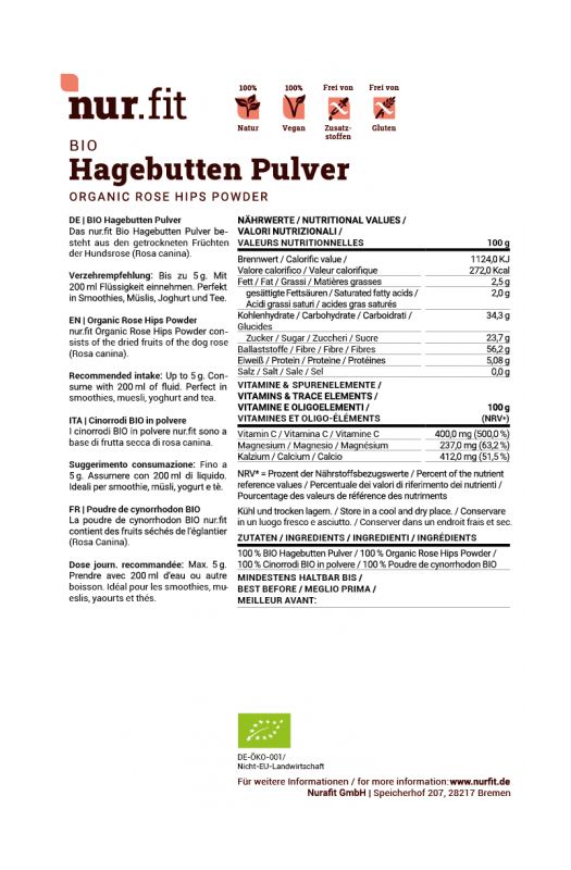 Weißes Etikett mit Produktinformationen. Text mit Nährwertangaben, Inhaltsstoffen und Verzehrempfehlung. Produktname: Bio Hagebutten Pulver.