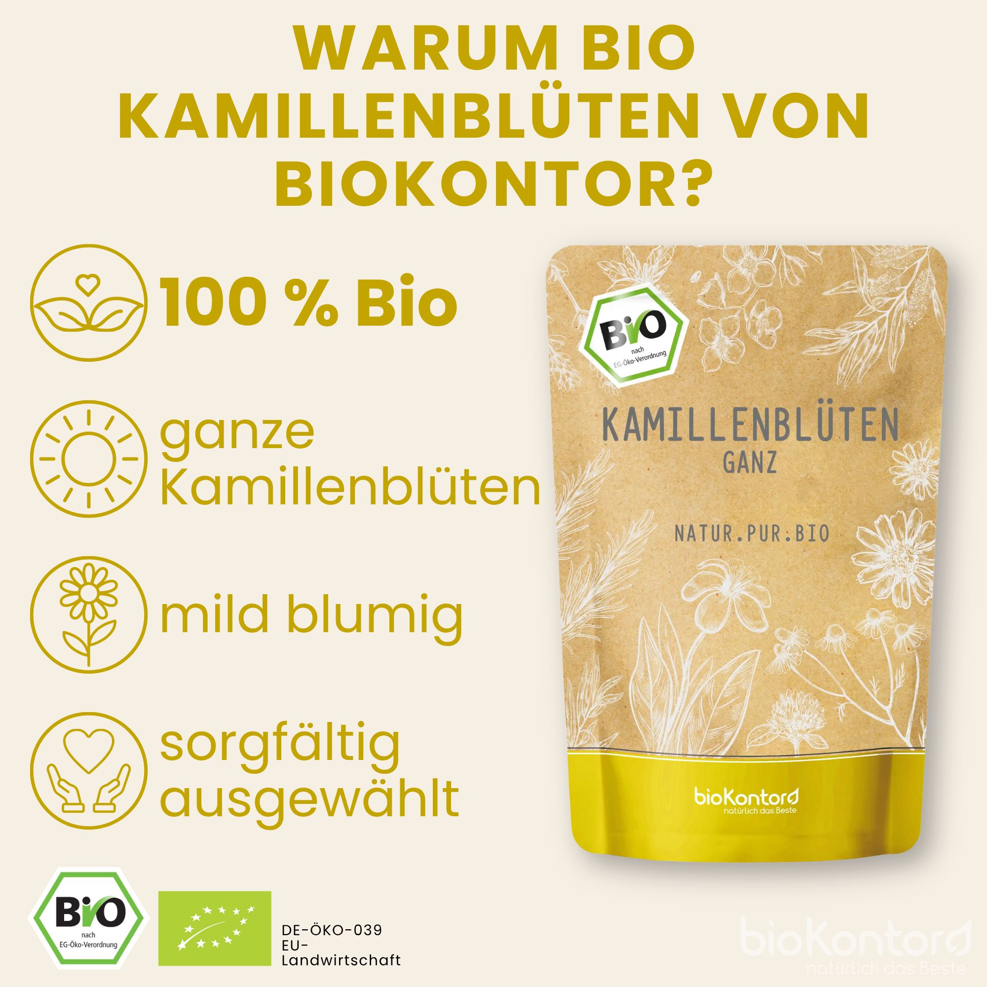 Verpackung mit Bio-Kamillenblüten, 100% Bio, ganze Blüten, mild-blumig, sorgfältig ausgewählt.