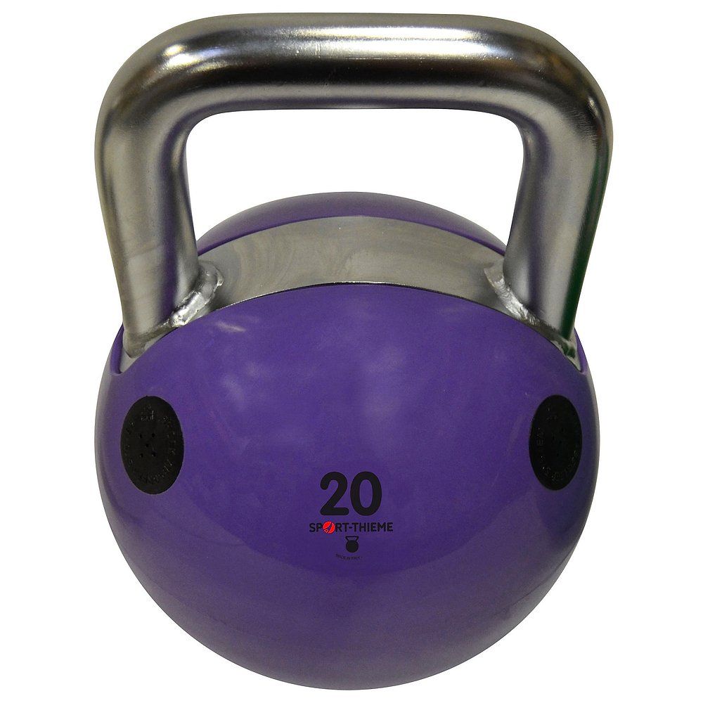 Weicher Kettlebell von Sport-Thieme, lila. Metallgriff, schwarze Punkte, Gewicht 20 kg. Logo Sport-Thieme.