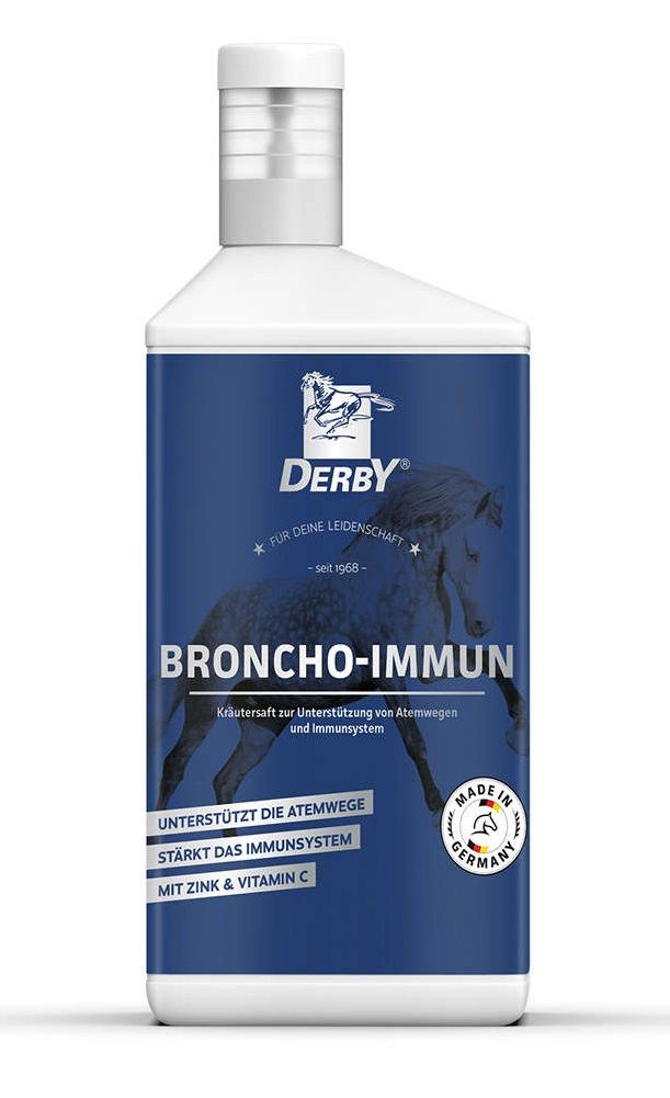 Flasche mit blauem Etikett. Aufschrift: DERBY, BRONCHO-IMMUN. Enthält Kräutersaft. Mit Zink & Vitamin C. Made in Germany.