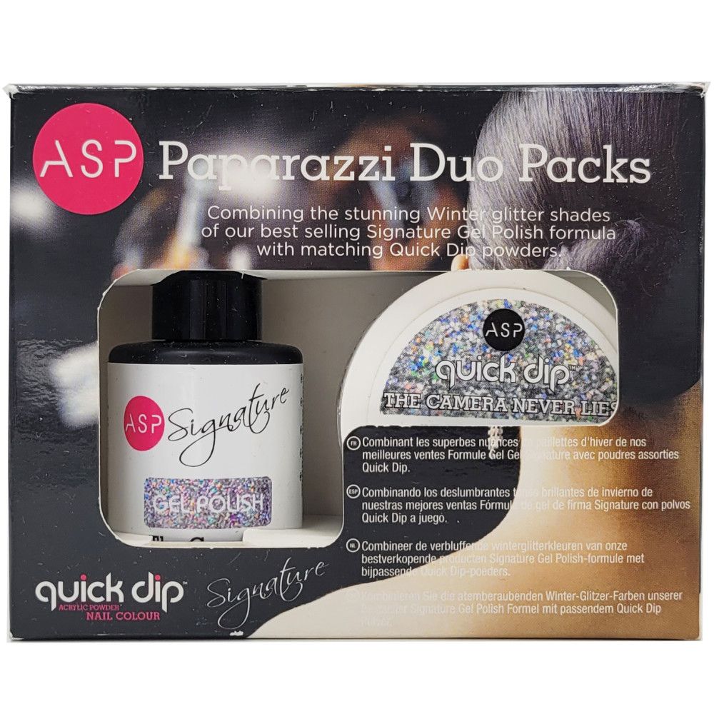Duo-Set in Verpackung. Enthält eine Flasche Signature Gel Polish und einen Tiegel Quick Dip Puder. Schwarze und silberne Elemente.