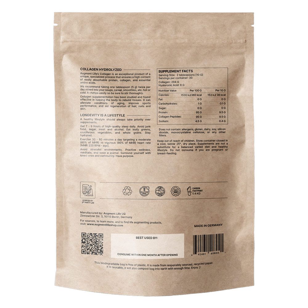 Braune Papiertüte mit Hydrolyzed Collagen Pulver. Enthält Nährwertangaben und Anwendungshinweise.