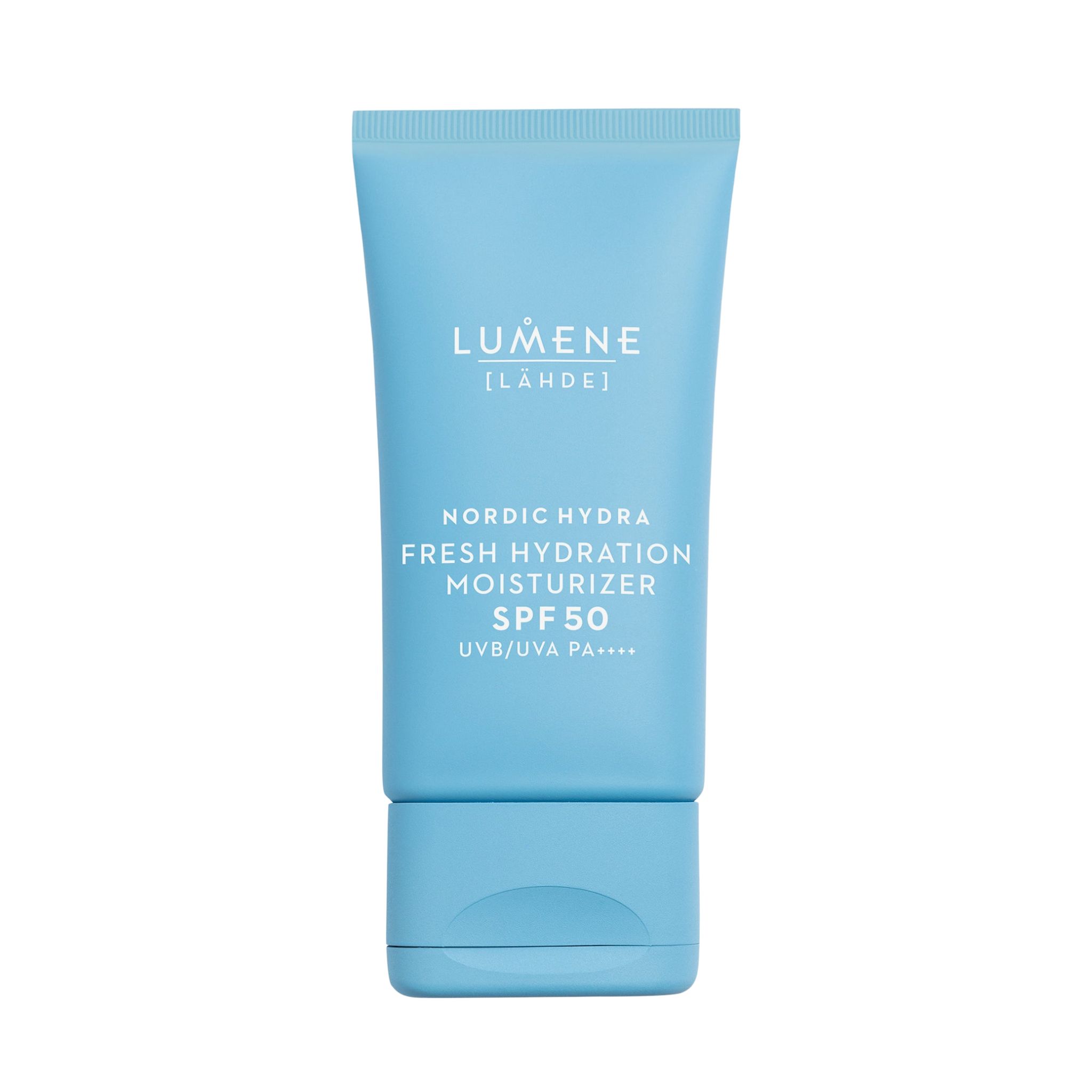 Hellblaue Tube mit weißer Schrift. Aufschrift: LUMENE [LÄHDE], Nordic Hydra Fresh Hydration Moisturizer SPF50. UVB/UVA PA++++.