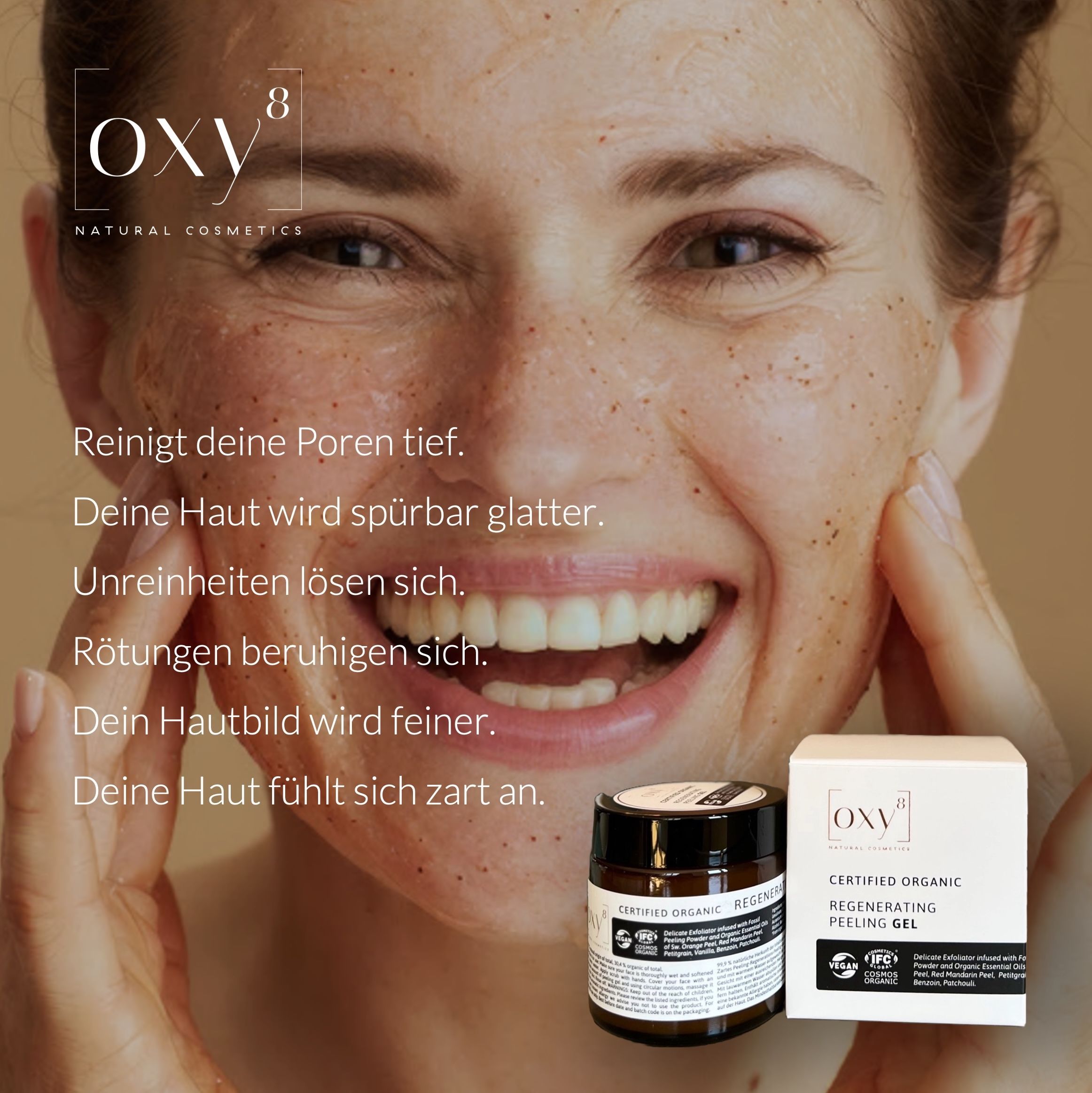 Produkt mit Text: REGENERATING PEELING GEL. Frau mit glatter Haut. Dose und Schachtel.