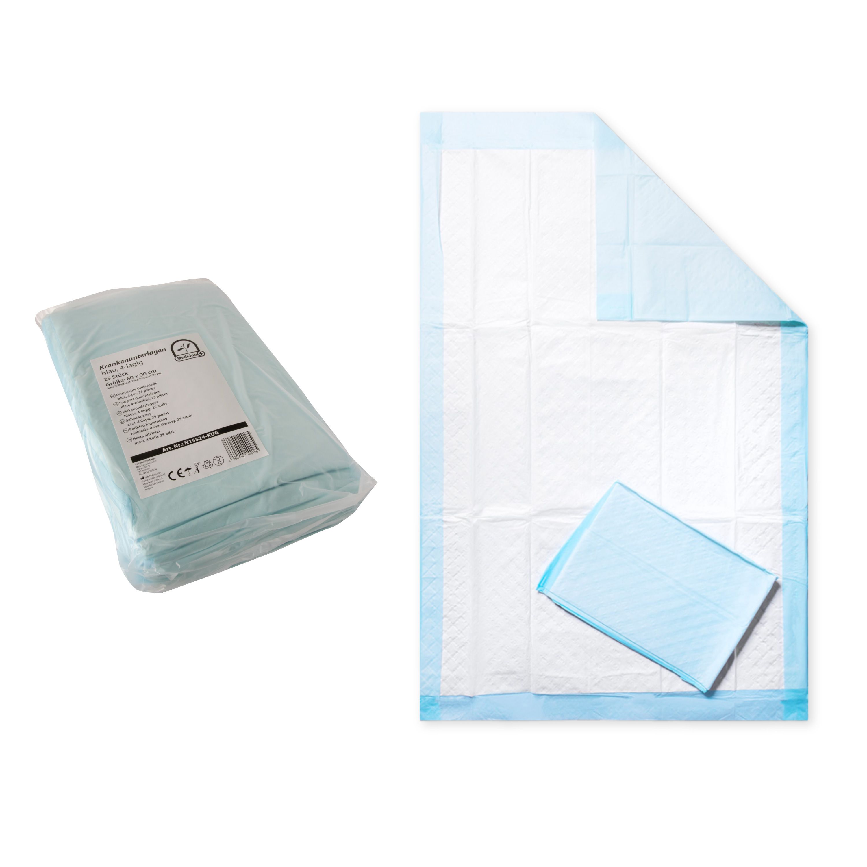 Krankenunterlagen, verpackt und einzeln. Verpackung mit Etikett. Einzelne Unterlage, weiß mit blauem Rand. CE-Zeichen.