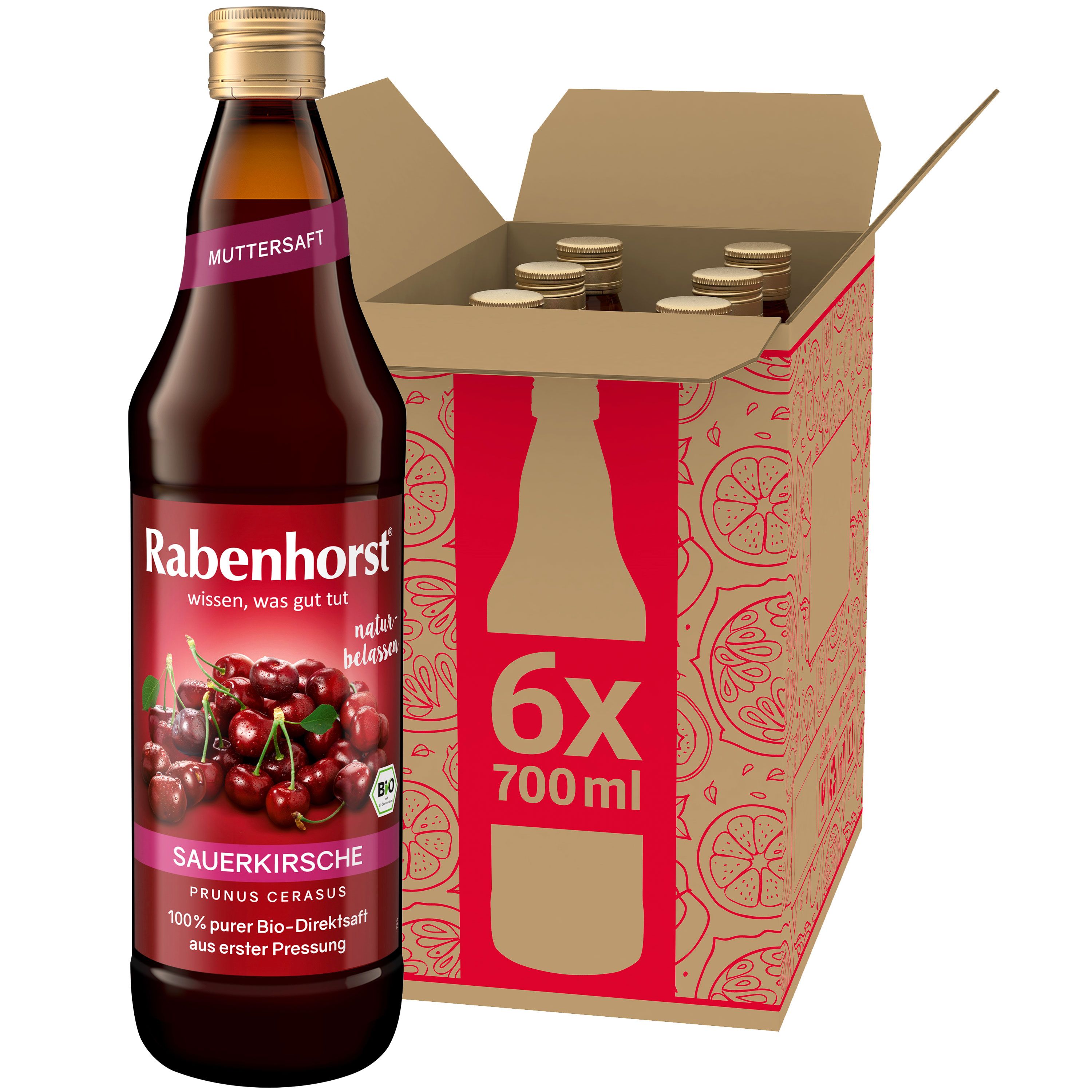 Flasche Sauerkirschsaft mit Karton. Aufschrift: Rabenhorst, Sauerkirsche, Muttersaft, 6x700ml. Bio-Siegel.