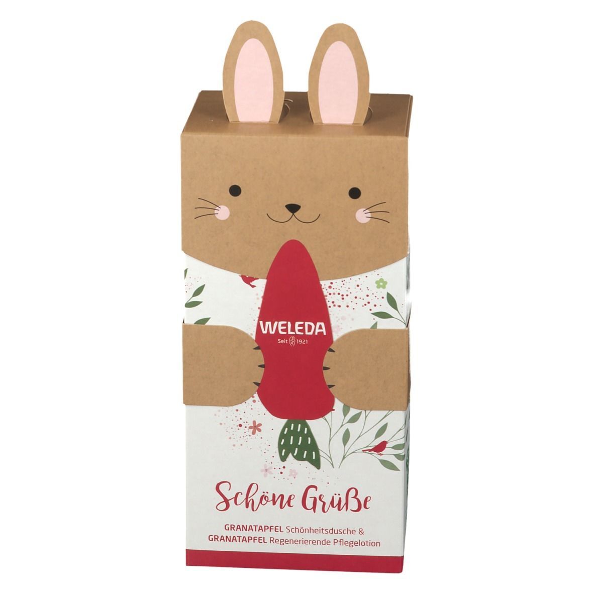 Kartonverpackung mit Hasenmotiv. Enthält WELEDA-Produkte. Aufschrift: Schöne Grüße, Granatapfel.