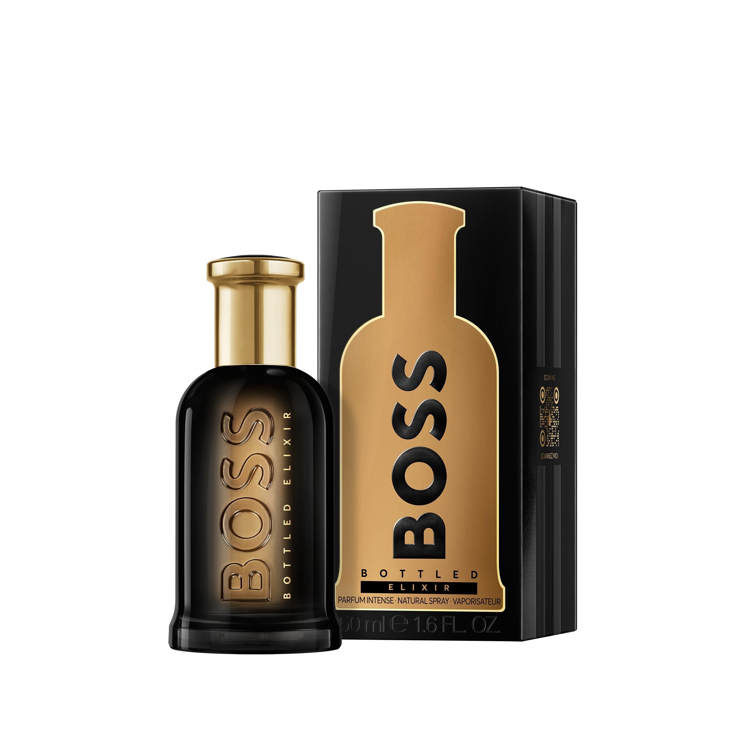 Hugo Boss Bottled Elixir Eau de Parfum Flakon und schwarze Verpackung mit goldenem Flaschenmotiv.