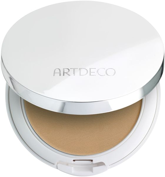 Artdeco All In One Cream Foundation. Runde, weiße Kompaktverpackung mit geöffnetem Deckel. Innen: Creme-Foundation.