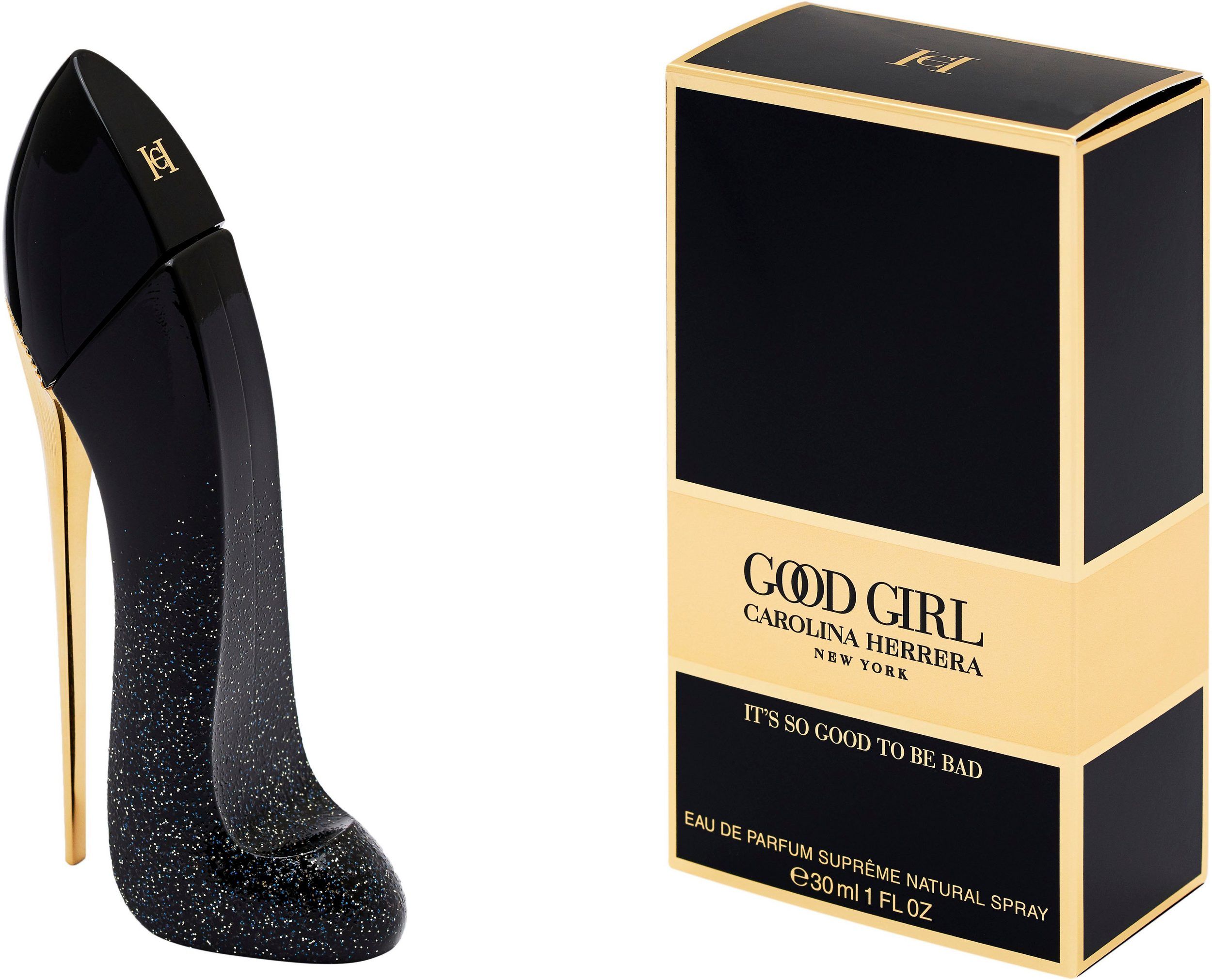 Schwarzer Flakon in Schuhform und Verpackung. Goldener Absatz. Aufschrift: Good Girl, Carolina Herrera. 30ml.