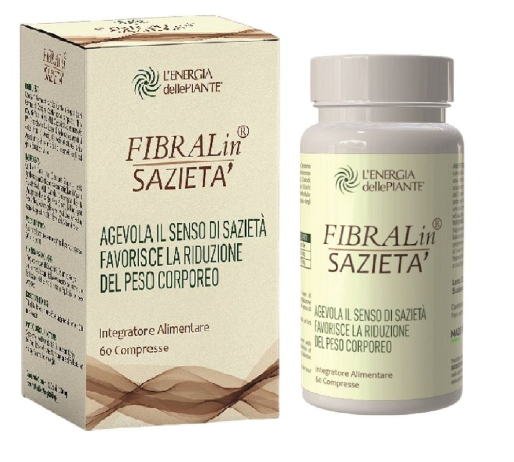Confezione e flacone di capsule. Scritta: FIBRALin SAZIETA'. Favorisce il senso di sazietà e la perdita di peso. 60 compresse.