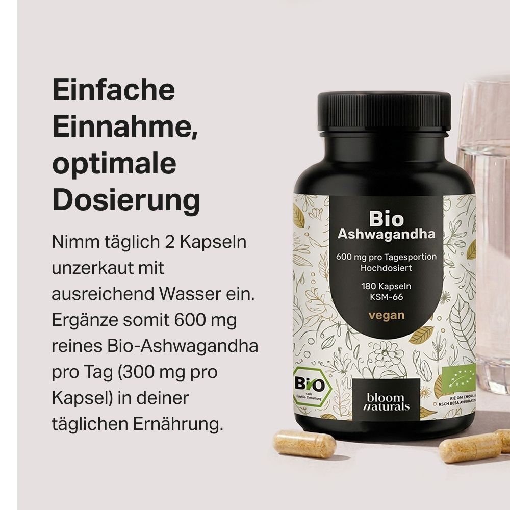 Schwarze Dose mit Bio Ashwagandha Kapseln, 180 Stück, KSM-66, vegan, Bloom Naturals.