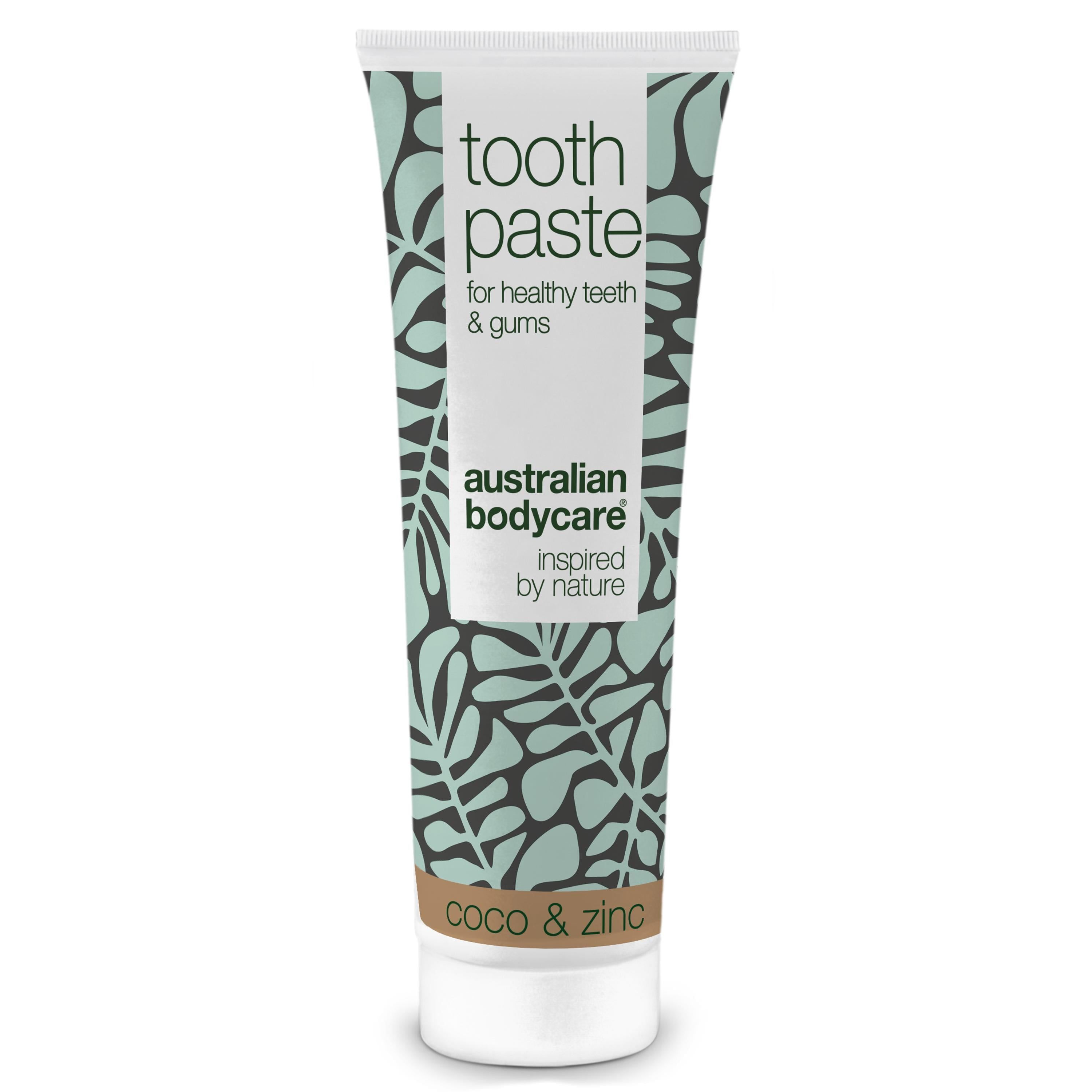 Zahnpasta-Tube mit floralem Muster. Aufschrift: Toothpaste, Australian Bodycare, Coco & Zinc.