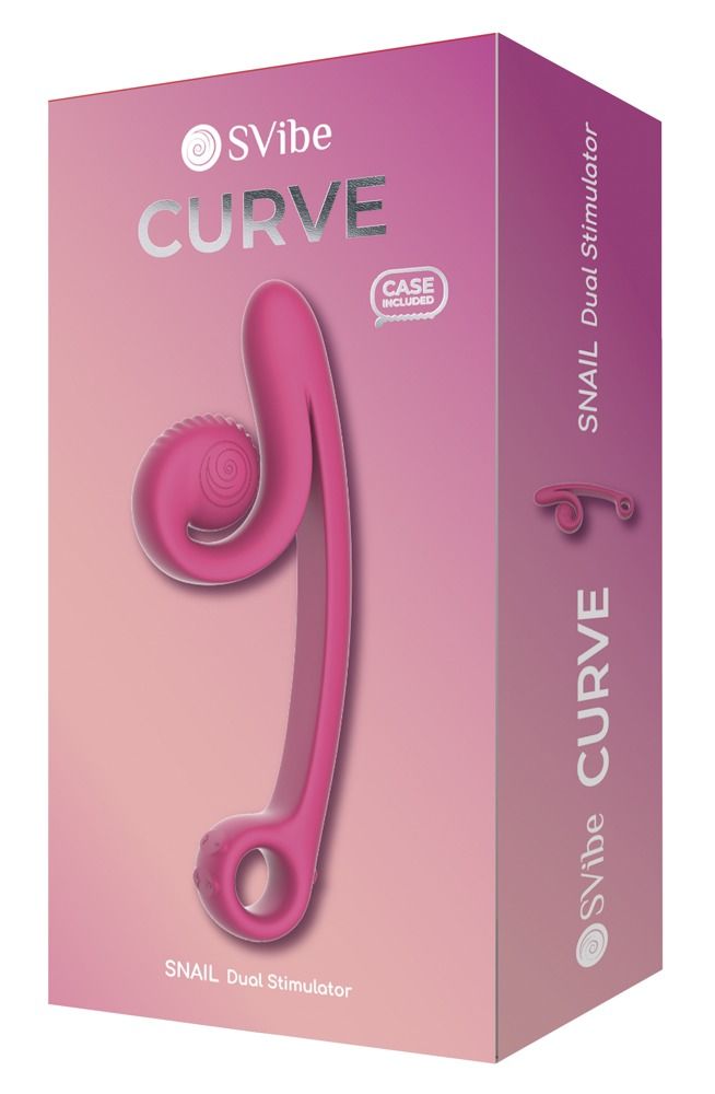 Verpackung mit rosa Vibrator. Aufschrift: SVibe CURVE, SNAIL Dual Stimulator. Mit Case.