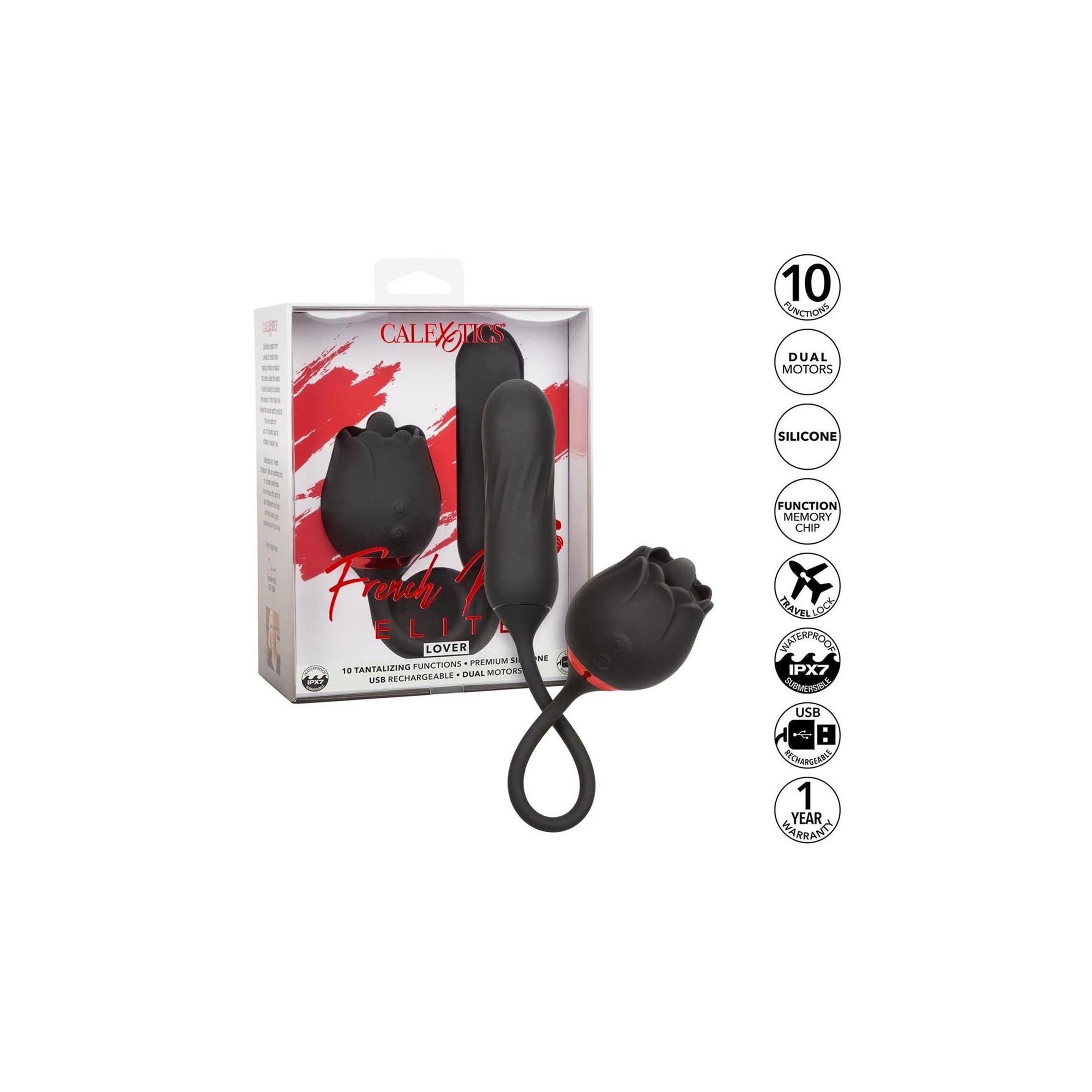 Schwarzes Wellness-Produkt in Verpackung. Abgebildet: Vibrator, Rosenknospe. Text: French Kiss Elite Lover, 10 Funktionen, Dual-Motoren.