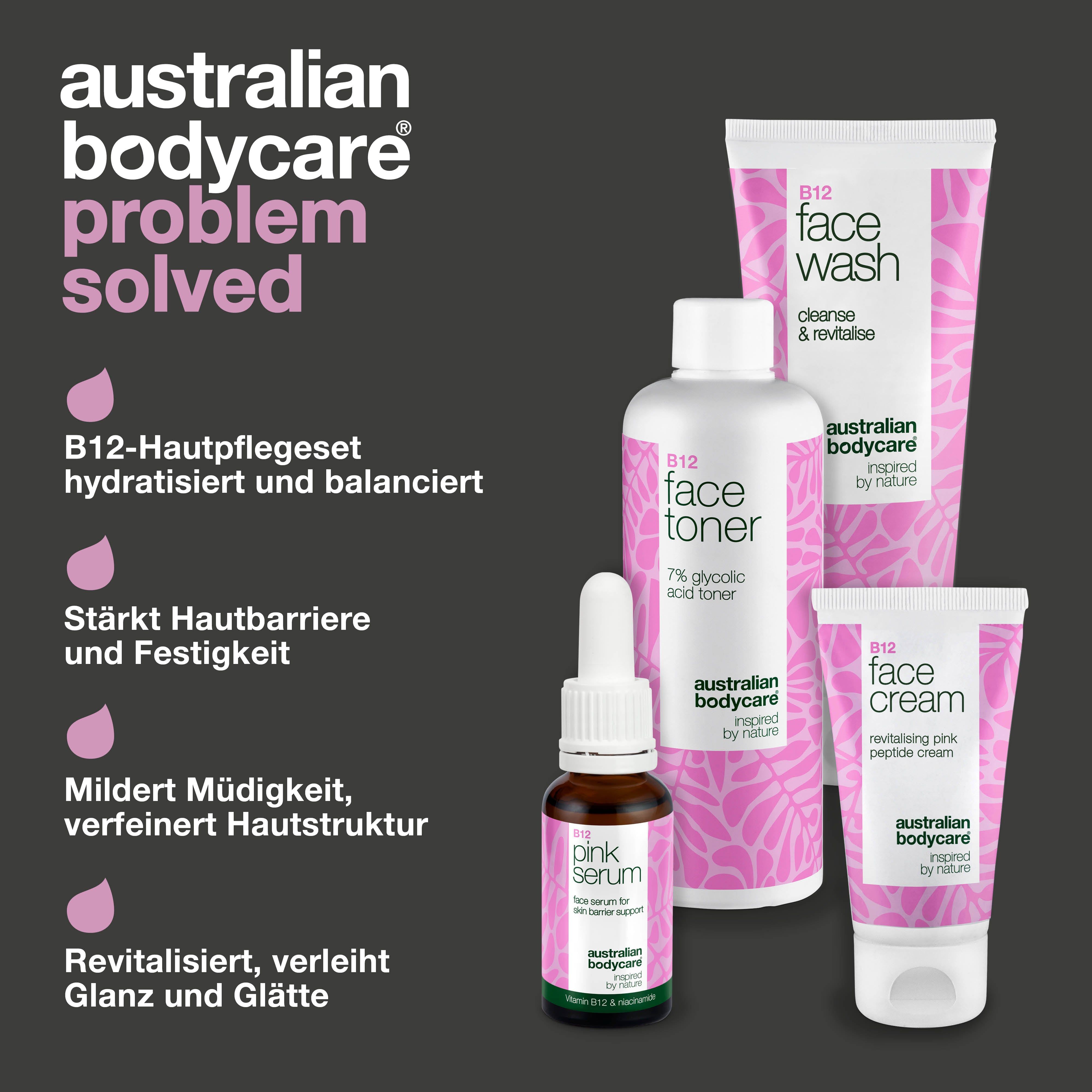 Kosmetikprodukte auf grauem Hintergrund. Text: B12-Hautpflege-Set hydratisiert und gleicht aus. Marke: Australian Bodycare.