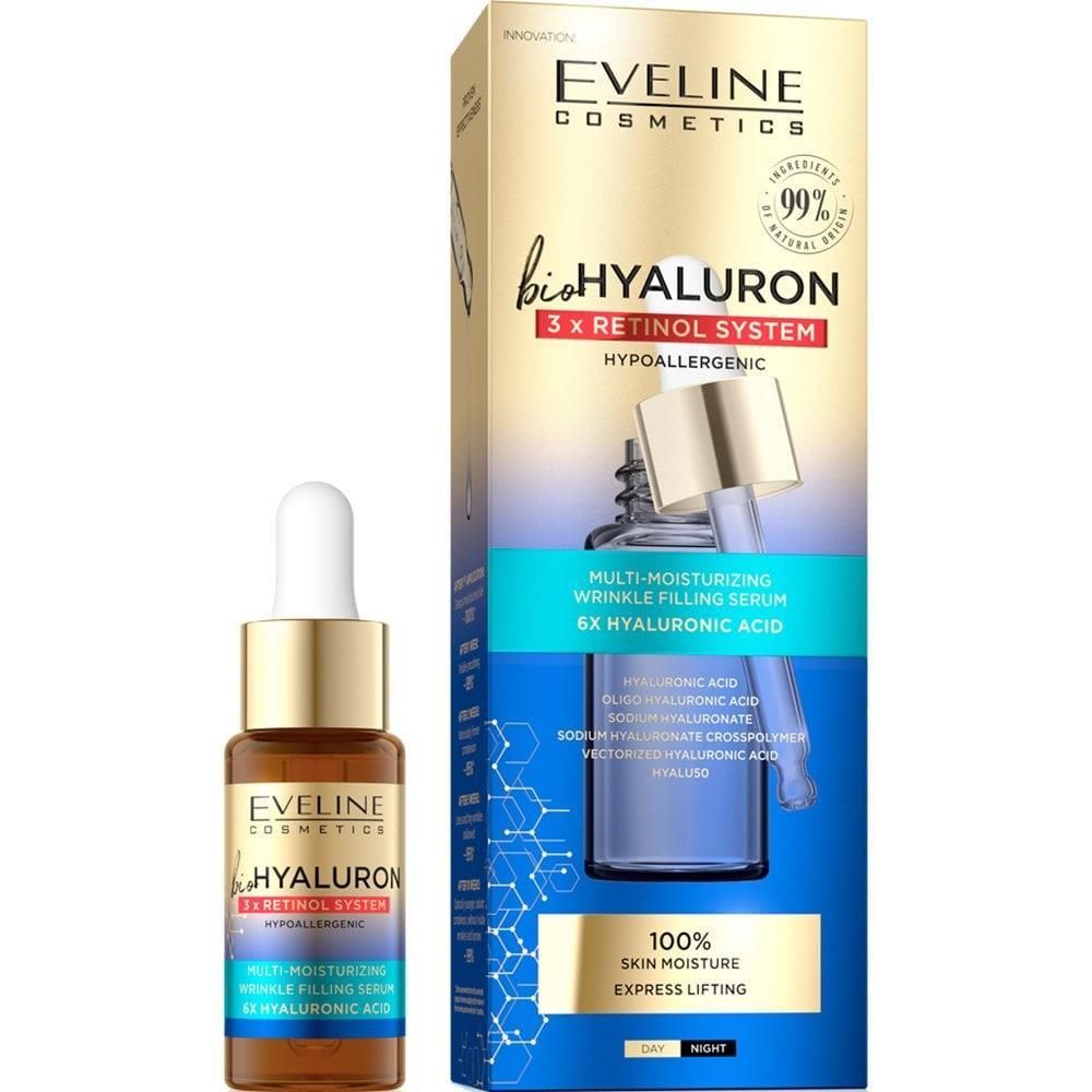 Serumflasche und Verpackung. Aufschrift: Eveline Cosmetics, bio Hyaluron, 3x Retinol System. Enthält 6x Hyaluronsäure. Hypoallergen.
