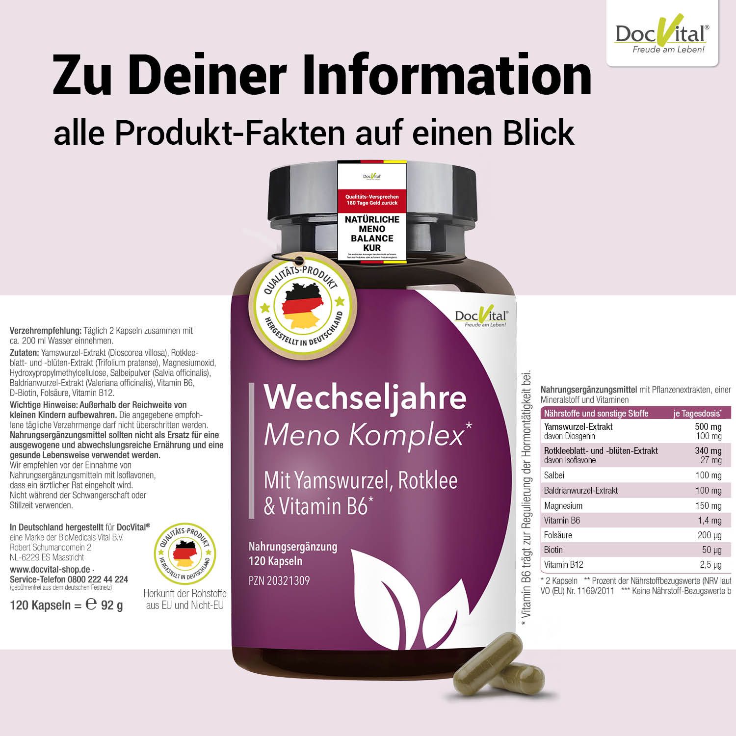 DocVital Meno Komplex Kapseln: Braune Dose mit lila Etikett, 120 Kapseln. Enthält Yamswurzel, Rotklee, Vitamin B6.